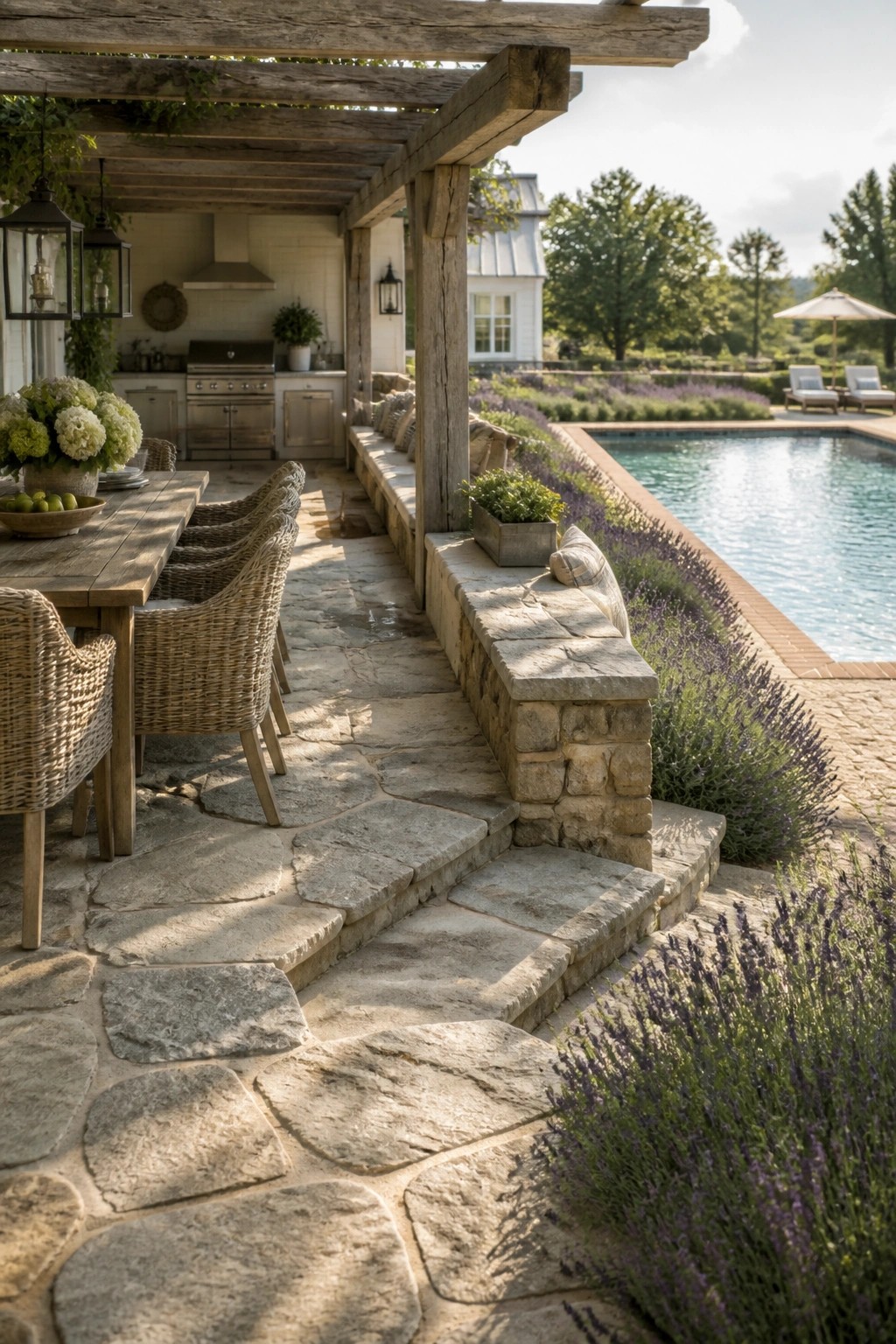 25 Elegant Pool Patio Layout Ideas That Improve Flow Around the Water A wooden pergola shades a stone patio dining area next to a pool, with a built-in stone bench running along the water's edge and lavender growing beside the steps.