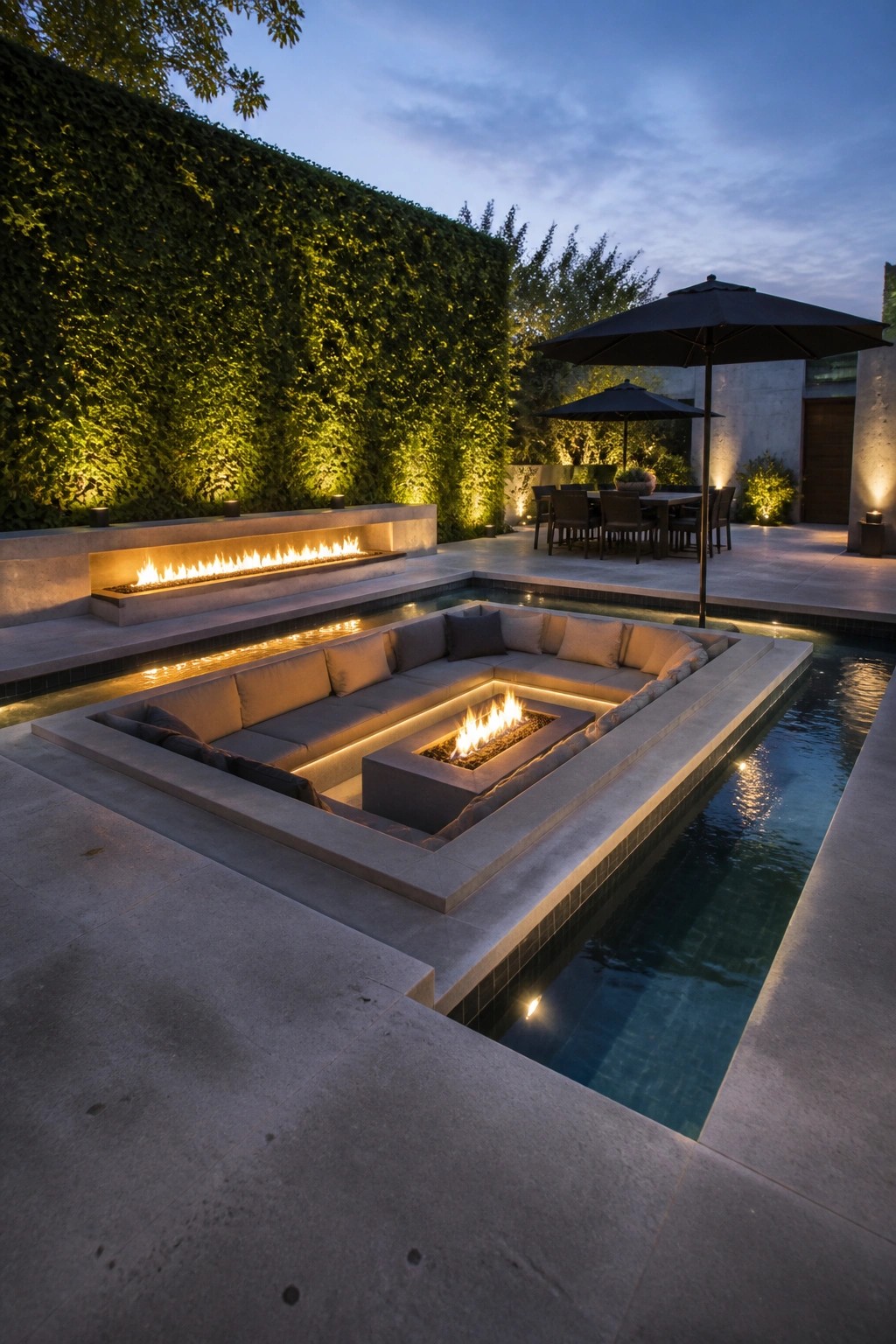 25 Elegant Pool Patio Layout Ideas That Improve Flow Around the Water A modern backyard pool with a sunken concrete seating area and central fire pit positioned directly along the pool edge, backed by a tall ivy wall and outdoor dining space.
