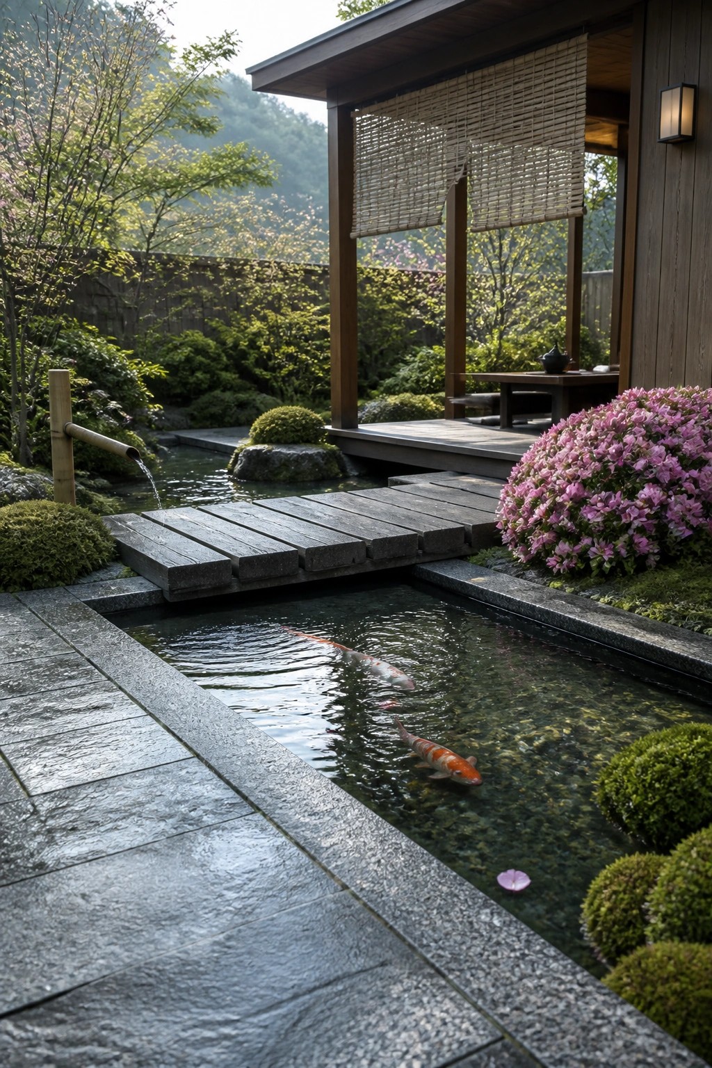 25 Elegant Pool Patio Layout Ideas That Improve Flow Around the Water A wooden deck bridge spans a rectangular koi pond beside a traditional Japanese wooden structure with a bamboo spout and flowering shrubs.