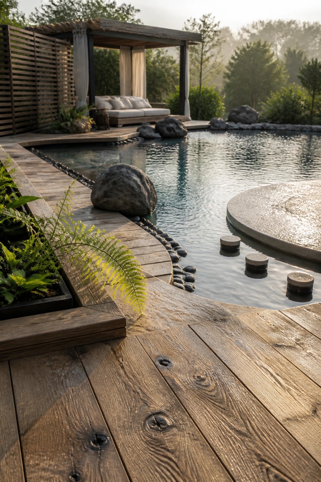 25 Elegant Pool Patio Layout Ideas That Improve Flow Around the Water A curved wooden deck wraps around a pool edge with stepping stones in the water, ferns in a planter, and a shaded lounge area in the background.