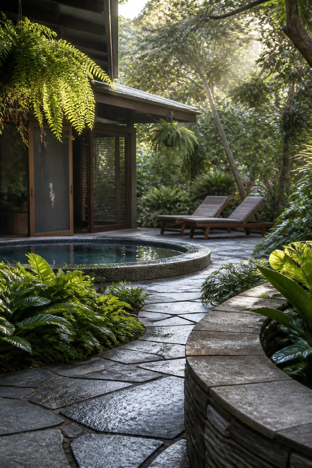 25 Elegant Pool Patio Layout Ideas That Improve Flow Around the Water A round pool edged with curved stone paving, two lounge chairs on a patio, and lush plants around a modern house.