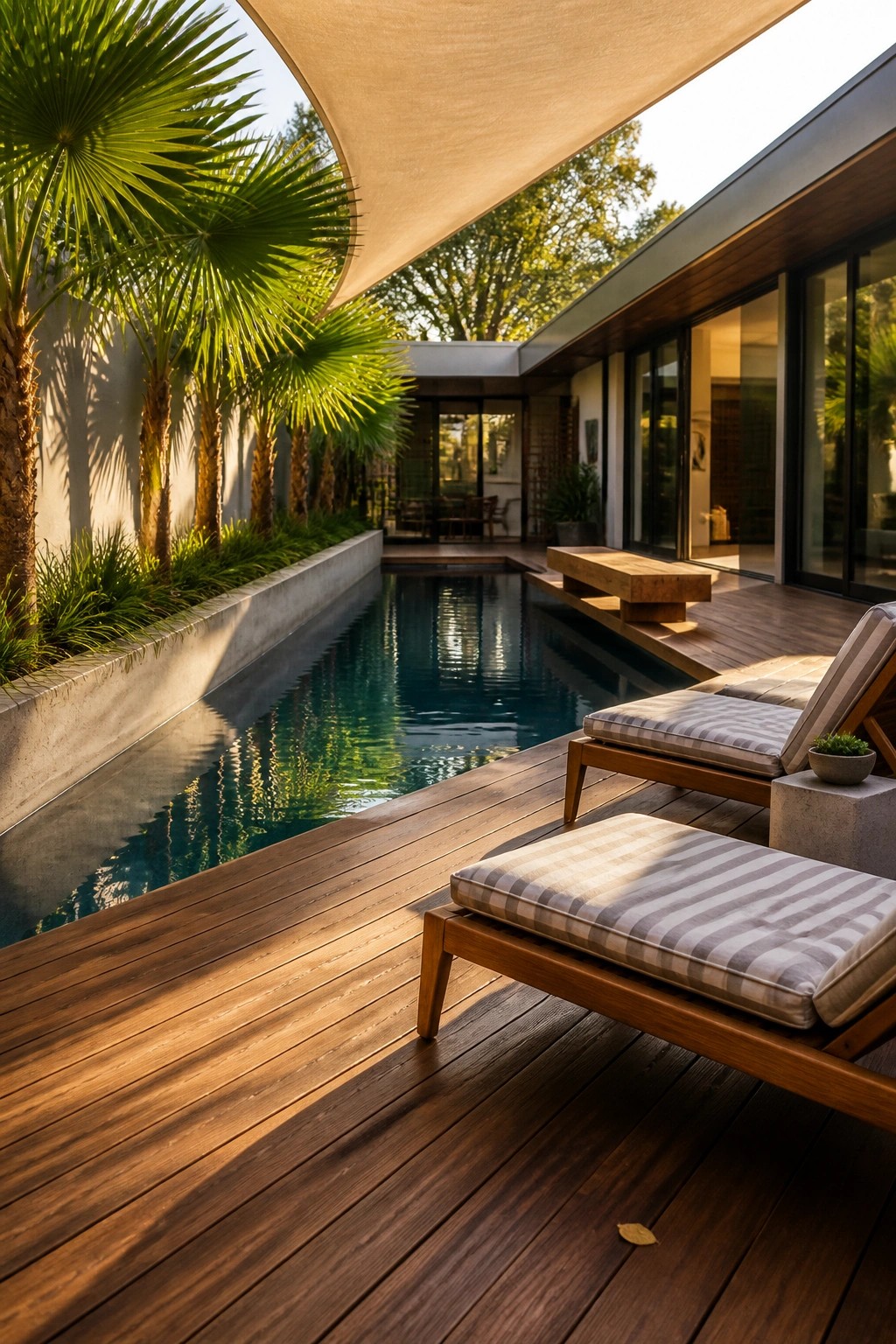 25 Elegant Pool Patio Layout Ideas That Improve Flow Around the Water A long rectangular pool surrounded by dark wood decking, with two striped lounge chairs positioned near the water and a large beige shade sail overhead.