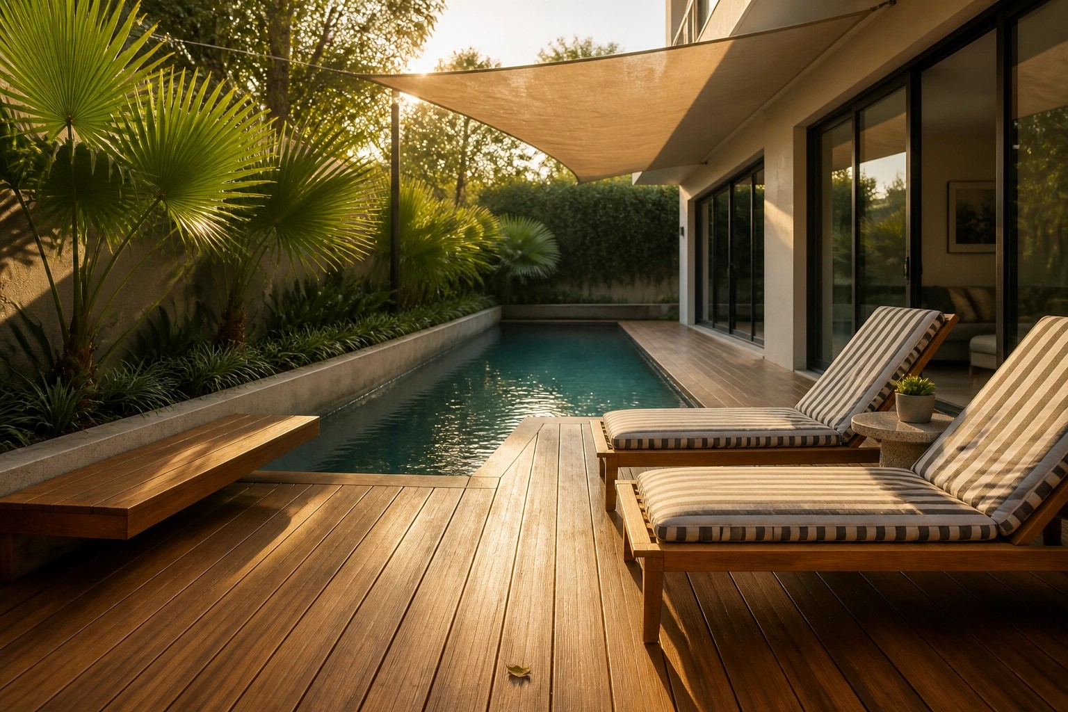 A long rectangular pool surrounded by dark wood decking, with two striped lounge chairs positioned near the water and a large beige shade sail overhead.