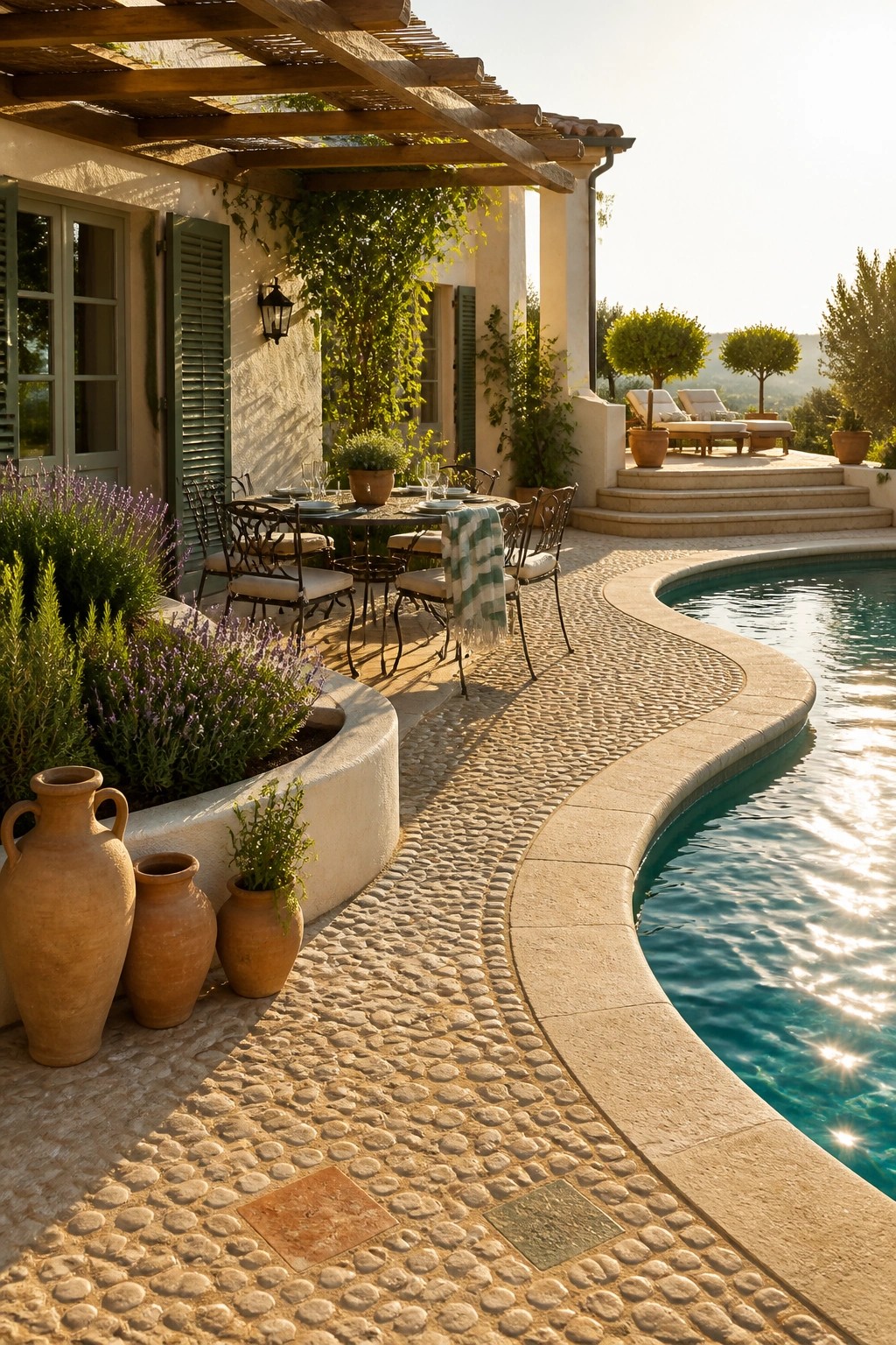 25 Elegant Pool Patio Layout Ideas That Improve Flow Around the Water Mediterranean patio with cobblestone path, poolside dining table, terracotta pots, and pergola