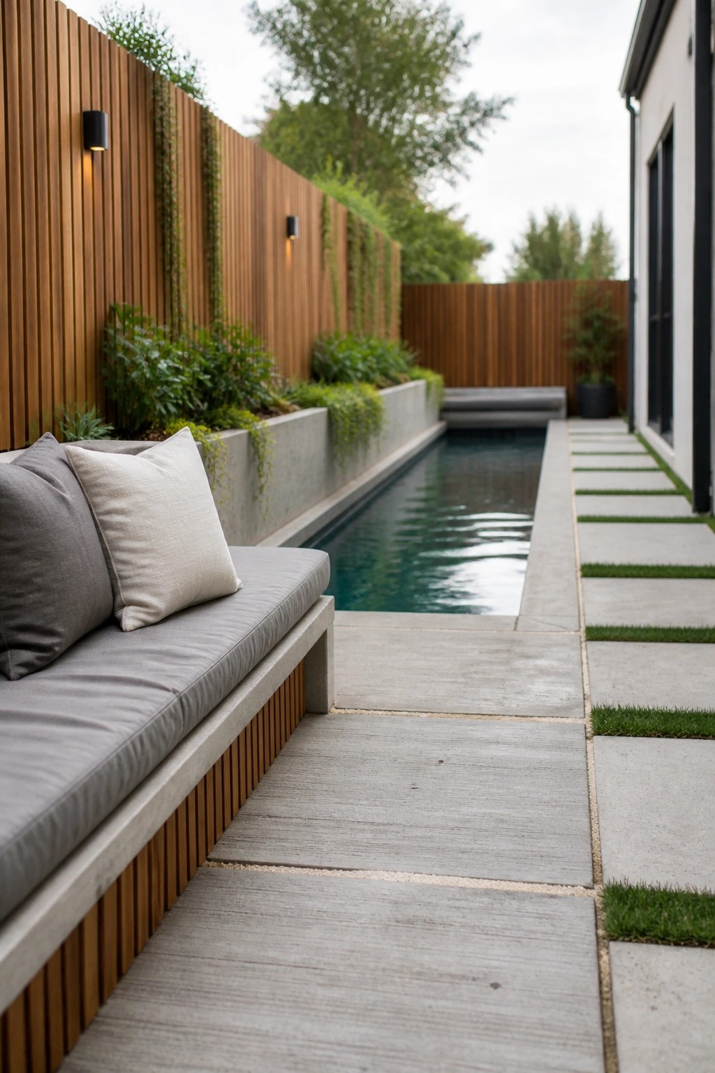 25 Elegant Pool Patio Layout Ideas That Improve Flow Around the Water Modern backyard lap pool with concrete bench, cushions, wood wall, and pavers.