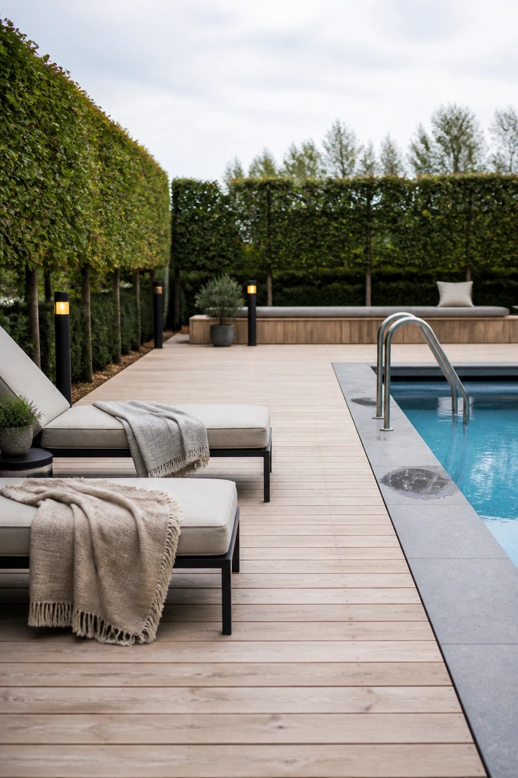 25 Elegant Pool Patio Layout Ideas That Improve Flow Around the Water Two beige lounge chairs with throws sit on a light wood deck next to a rectangular pool with a metal ladder and tall hedges in the background.