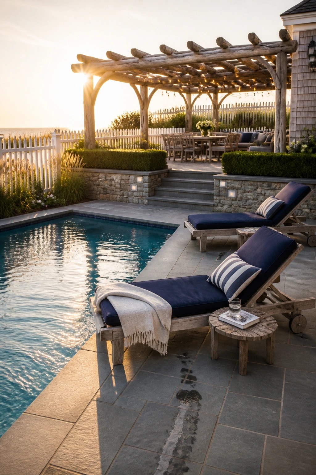 25 Elegant Pool Patio Layout Ideas That Improve Flow Around the Water Wooden lounge chairs with navy cushions by a pool under a lit pergola at sunset