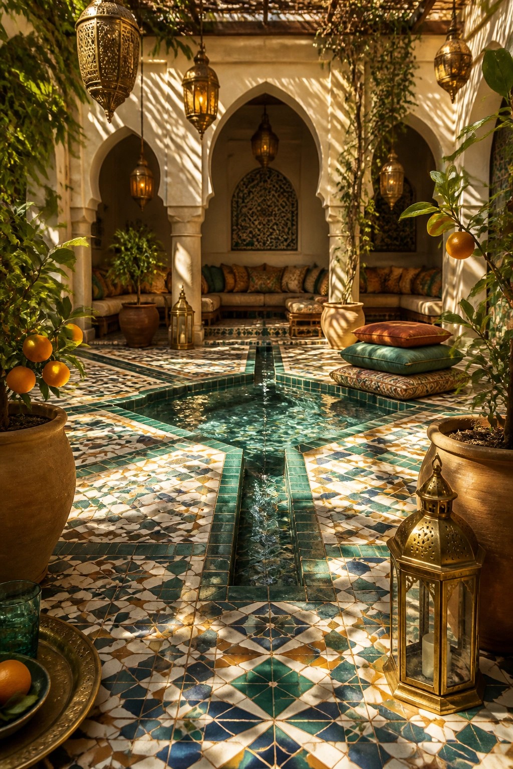 25 Elegant Pool Patio Layout Ideas That Improve Flow Around the Water Courtyard patio featuring a long narrow pool running through the center, surrounded by colorful geometric tile work, potted orange trees, hanging lanterns, and built-in seating under arches.