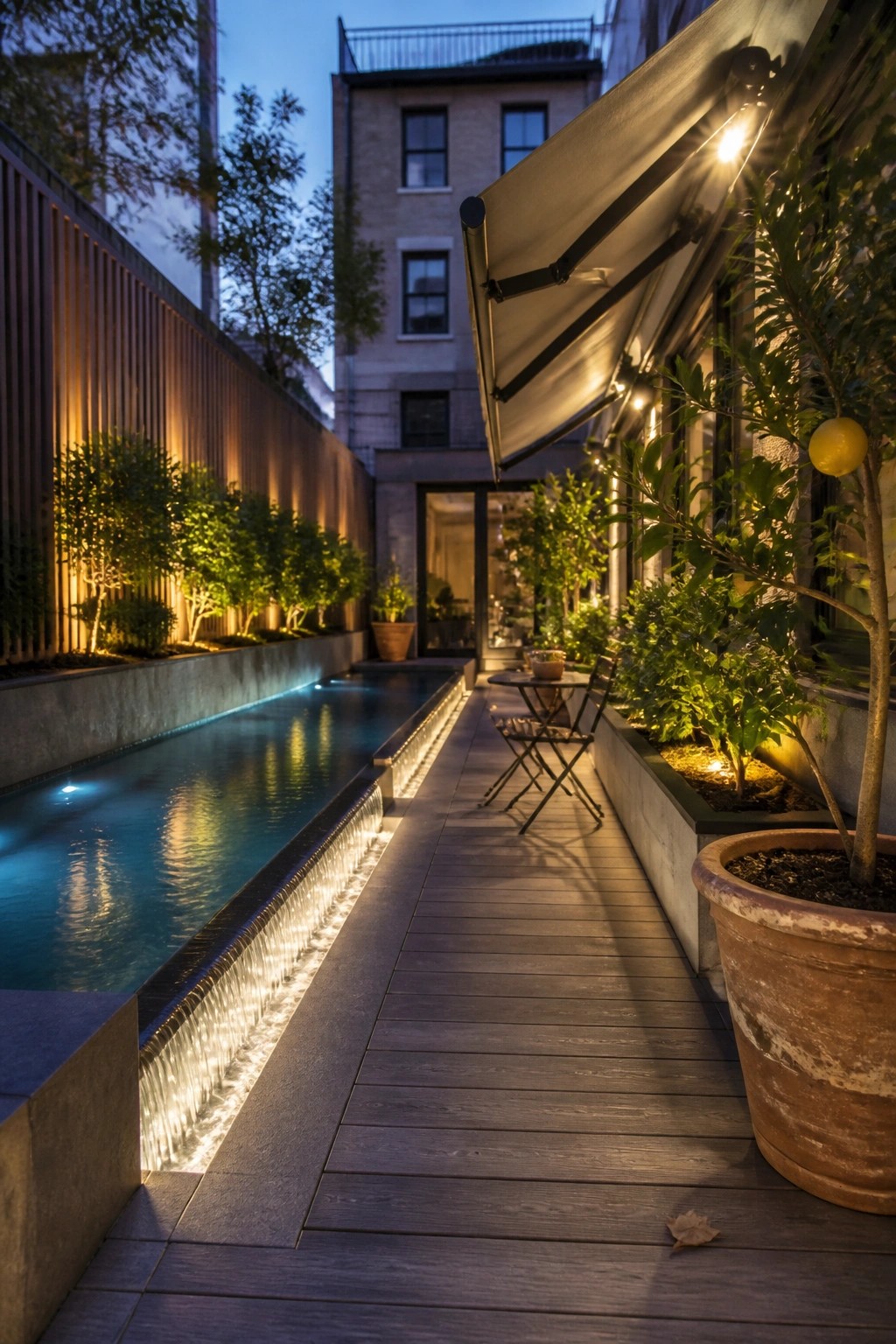 25 Elegant Pool Patio Layout Ideas That Improve Flow Around the Water A long narrow pool with a lit cascading edge runs beside a wooden deck in an evening backyard, with potted plants, a small table, and an awning on the right.