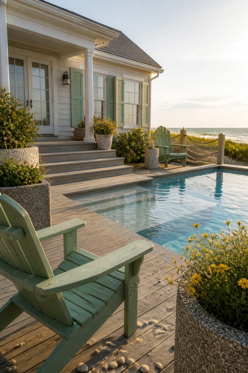25 Elegant Pool Patio Layout Ideas That Improve Flow Around the Water White beach house with green shutters, pool, and Adirondack chairs on deck by ocean.