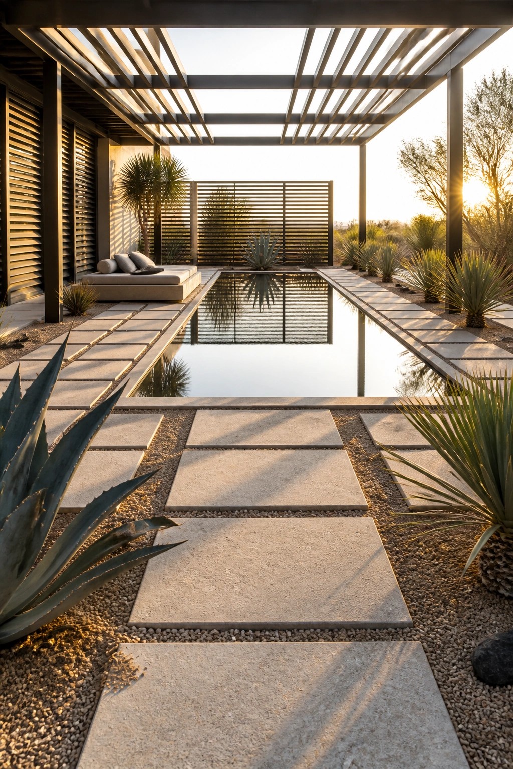 25 Elegant Pool Patio Layout Ideas That Improve Flow Around the Water A long rectangular pool bordered by stone paver paths set in gravel, with a covered lounge area on the left side and desert plants along the edges.