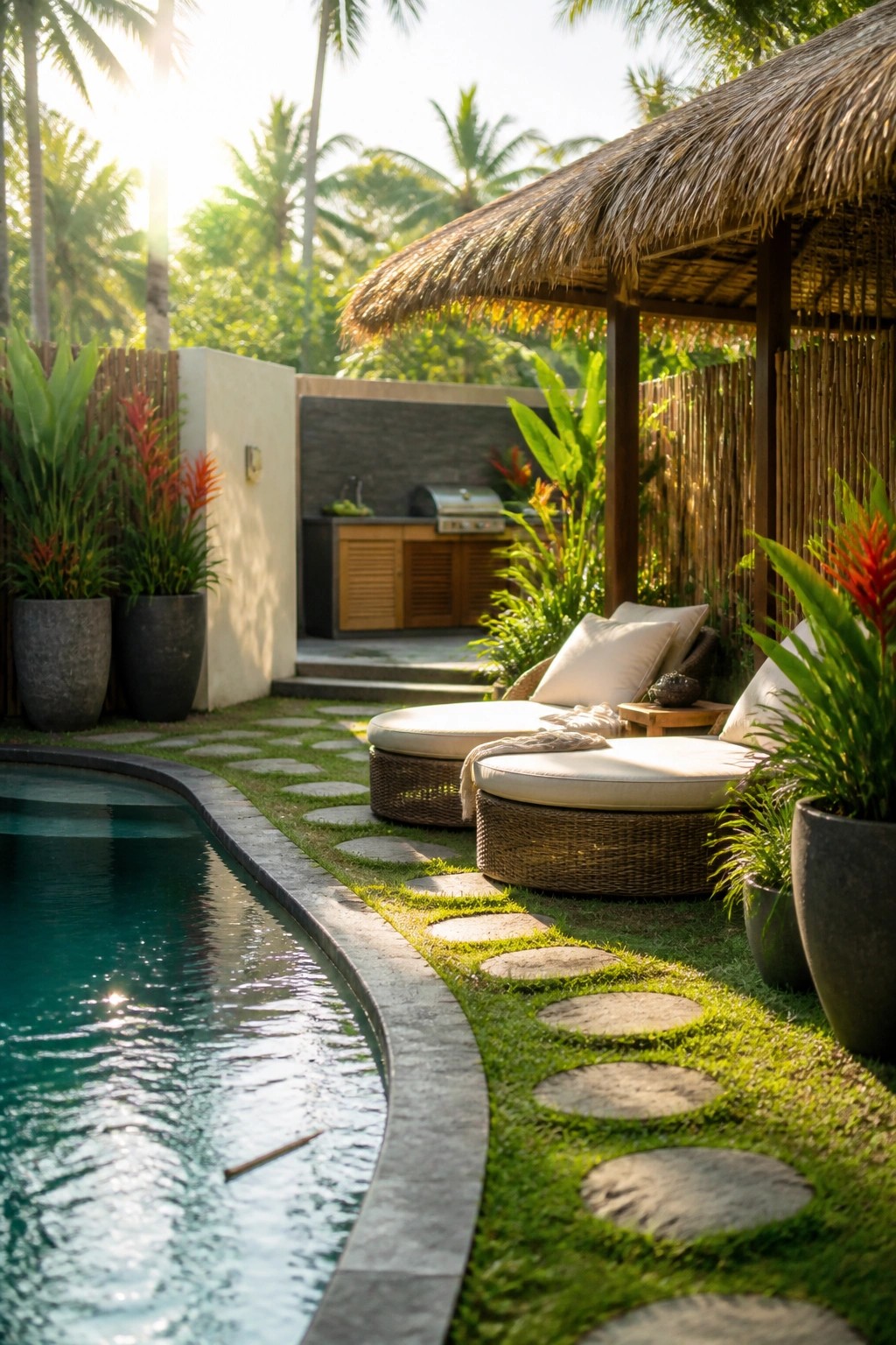 25 Elegant Pool Patio Layout Ideas That Improve Flow Around the Water A curved pool with round stepping stones set in grass leading to round lounge chairs under a thatched roof, with an outdoor kitchen visible in the background.