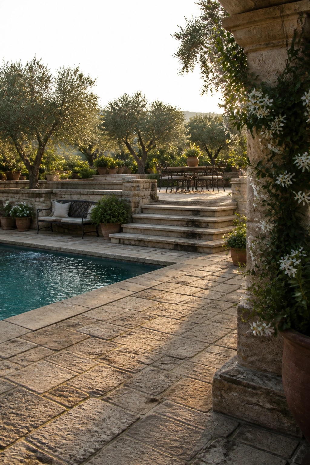 25 Elegant Pool Patio Layout Ideas That Improve Flow Around the Water Stone terrace with pool, steps to dining area amid trees and potted plants at sunset.