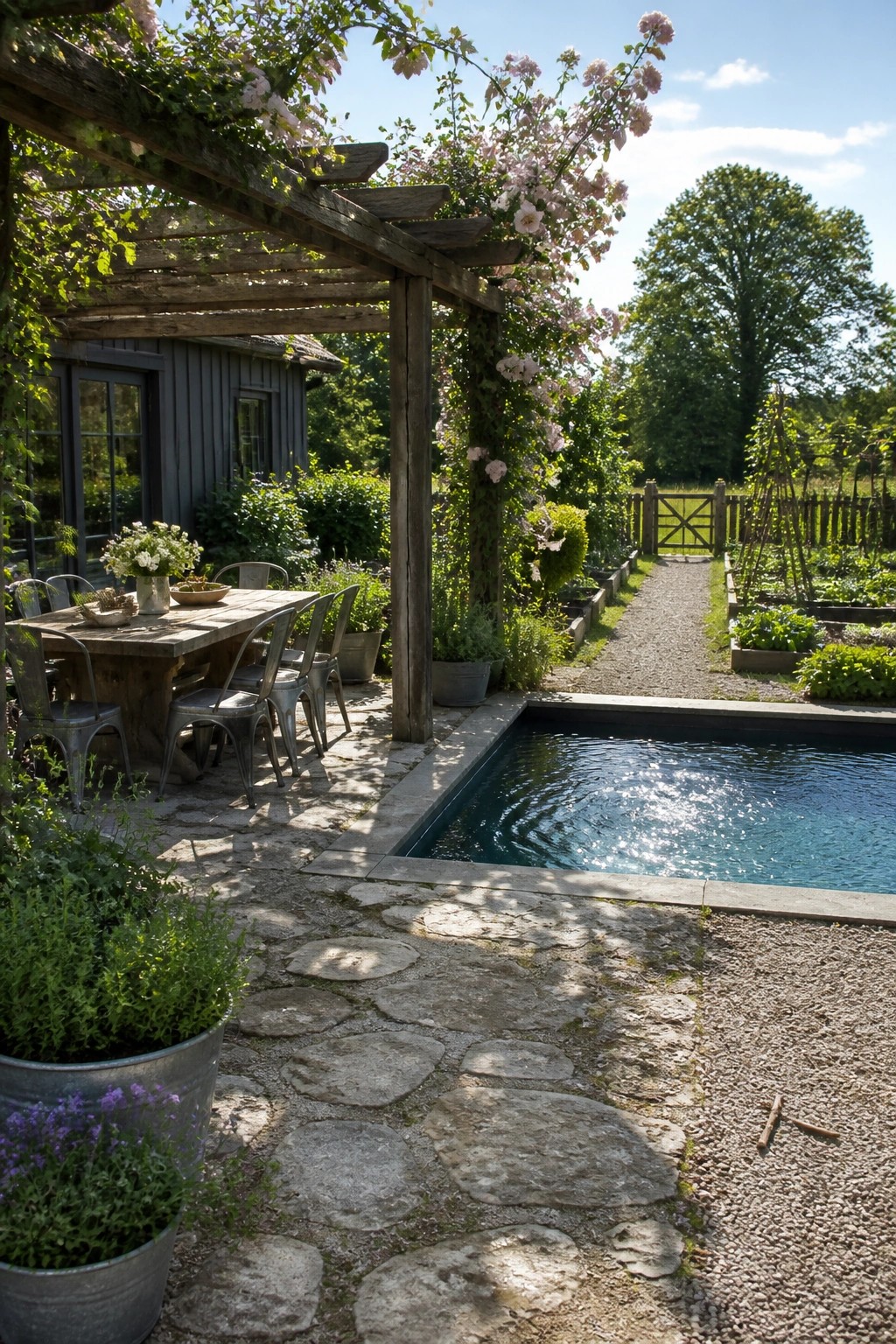 25 Elegant Pool Patio Layout Ideas That Improve Flow Around the Water A rectangular pool edged with irregular stone pavers, a wooden pergola with a dining table and metal chairs to the left, and a gravel path leading to a garden gate in the background.