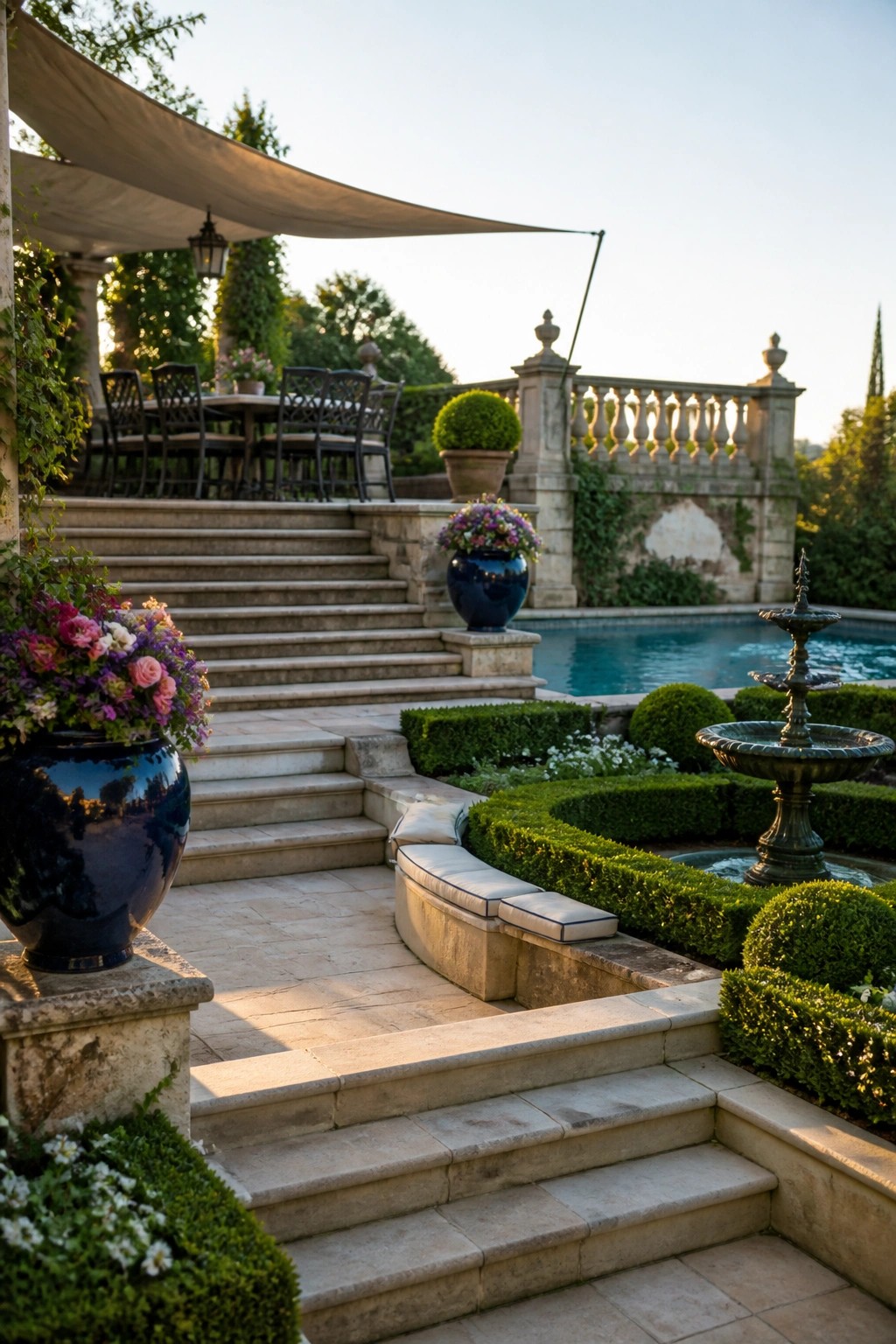 25 Elegant Pool Patio Layout Ideas That Improve Flow Around the Water A multi-level stone patio with wide steps, a curved built-in bench, potted plants, and a fountain beside a swimming pool.