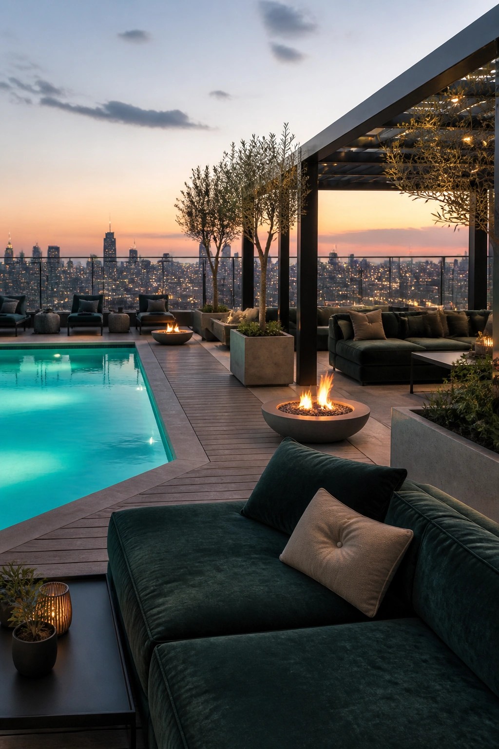 25 Elegant Pool Patio Layout Ideas That Improve Flow Around the Water A rooftop poolside patio at dusk showing a long rectangular pool, wooden deck, multiple round fire pits, dark green outdoor sofas, and city skyline views.