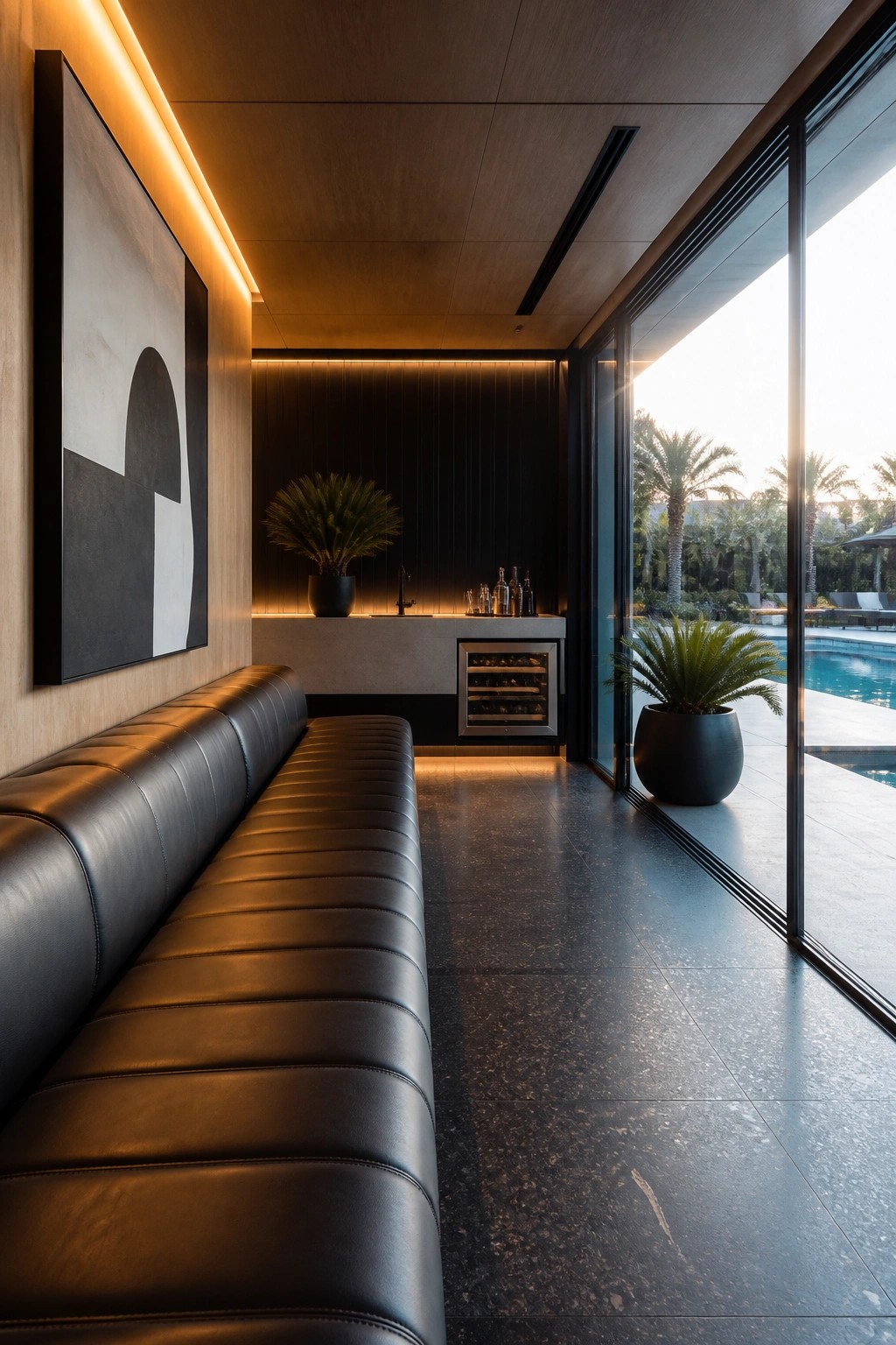 Interior of a pool cabana with a long black leather banquette, a built-in bar with wine fridge, and large glass doors opening to an outdoor pool area.