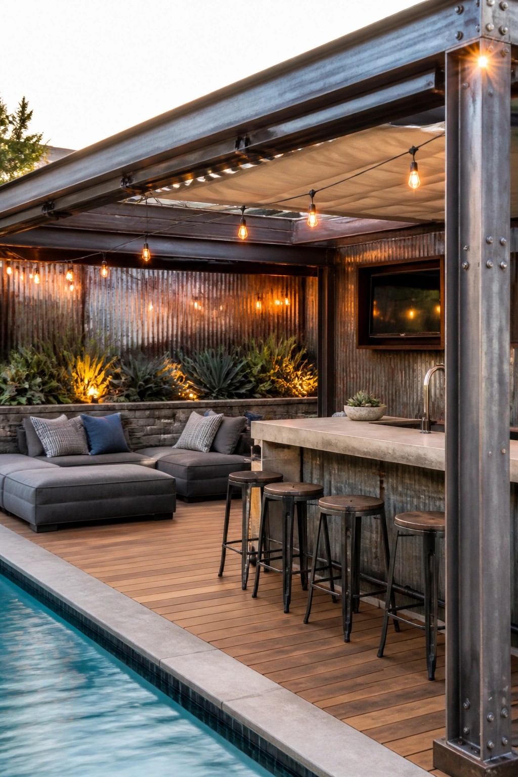 An outdoor poolside cabana with a concrete bar, metal bar stools, gray sectional sofa, string lights, and a pool in the foreground.
