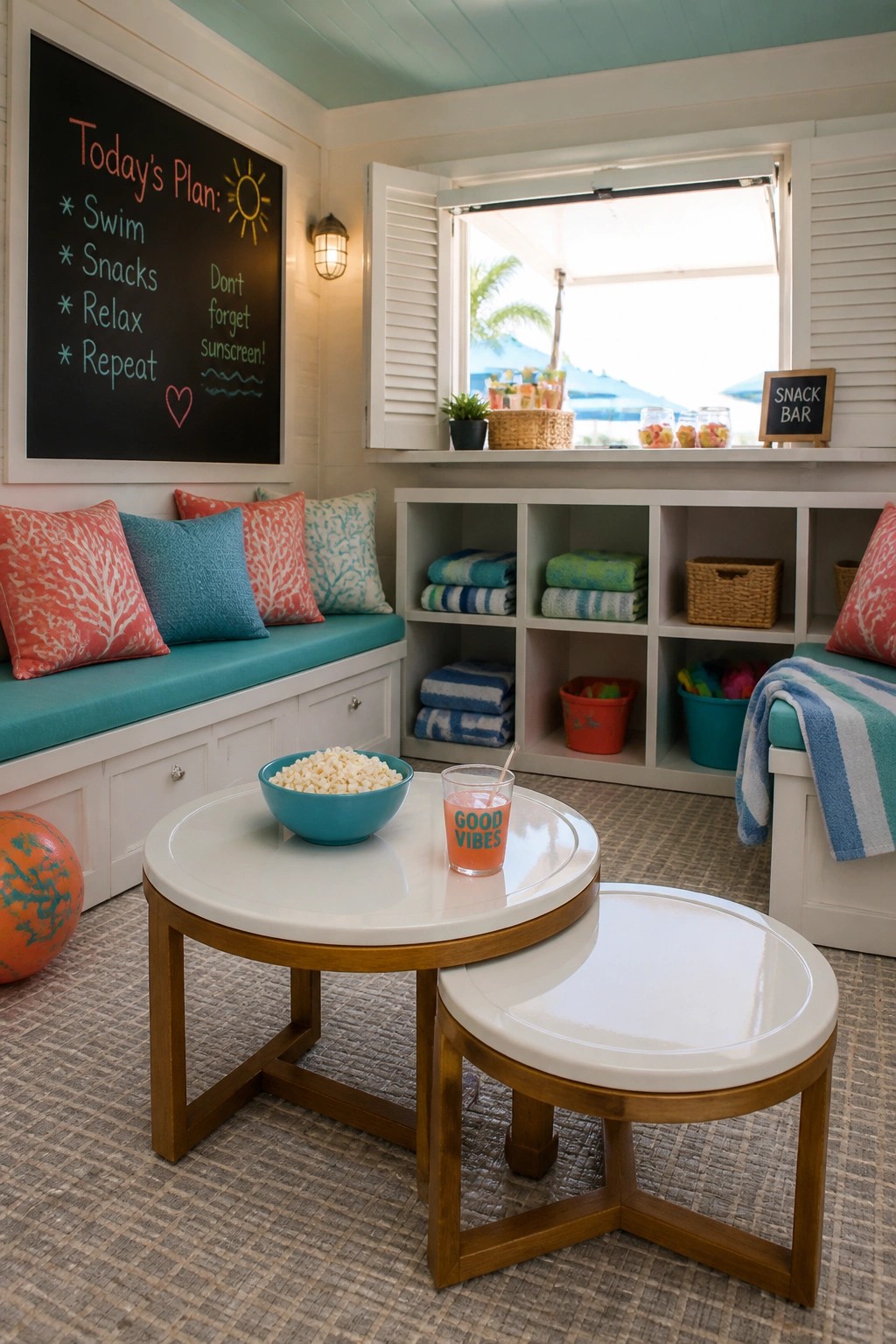 Interior of a white pool cabana with built-in cubby shelves holding towels and baskets, a teal cushioned bench with patterned pillows, a round table with popcorn and a drink, a chalkboard on the wall, and an open pass-through window with a snack bar sign on the sill.