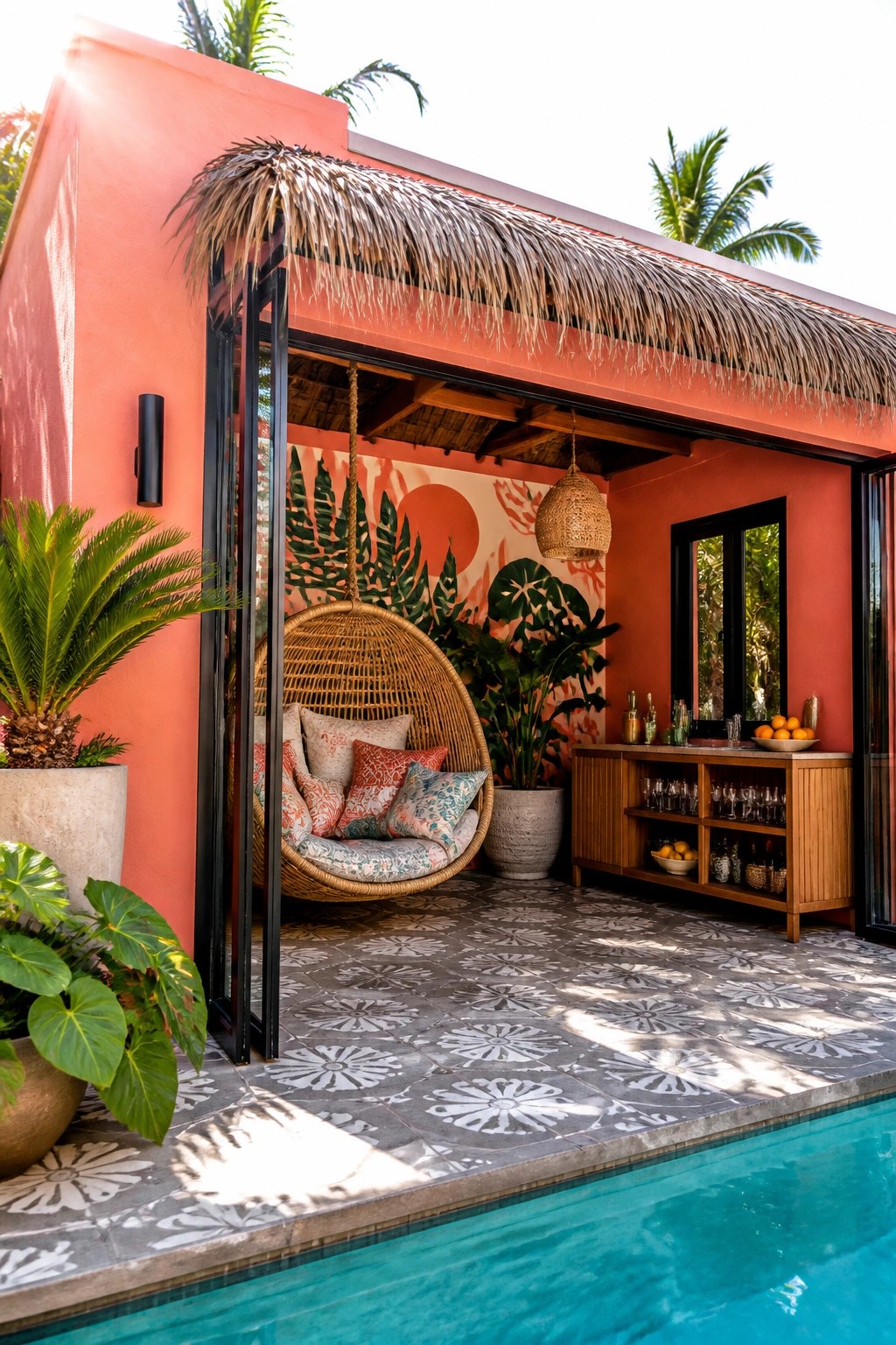 A covered outdoor cabana beside a pool features a thatched roof, hanging wicker chair with cushions, wooden bar cabinet, patterned tile floor, and coral walls with tropical plants.