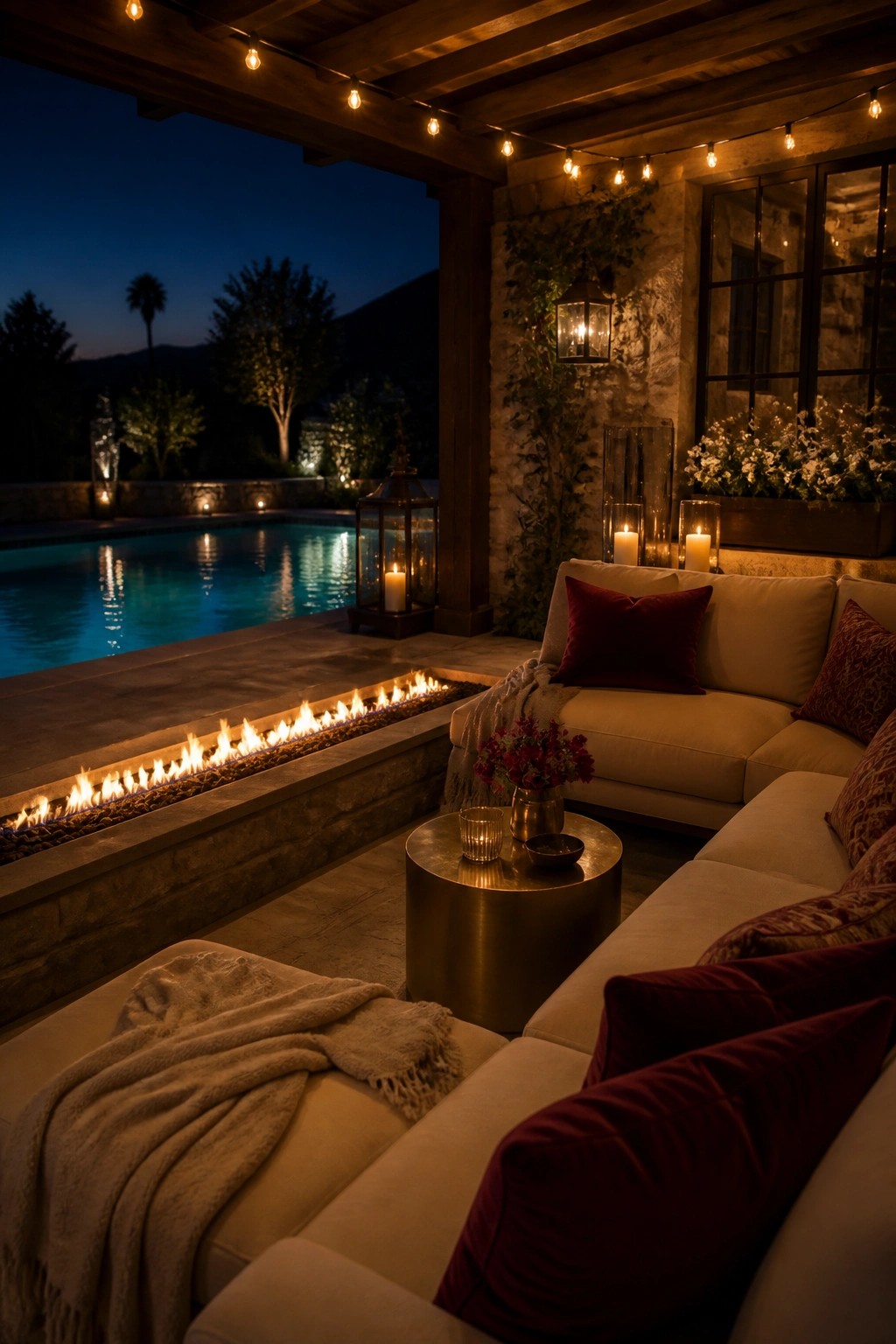 An outdoor covered patio at dusk with a long linear fire pit in front of a large sectional sofa, a swimming pool nearby, string lights overhead, and various lanterns and candles around the seating area.