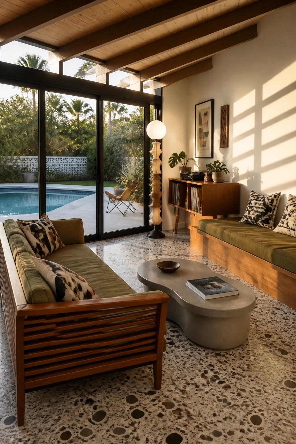 An interior view of a pool cabana with green upholstered sofa, built-in wooden bench seating, concrete coffee table, and large sliding doors opening to an outdoor pool area.