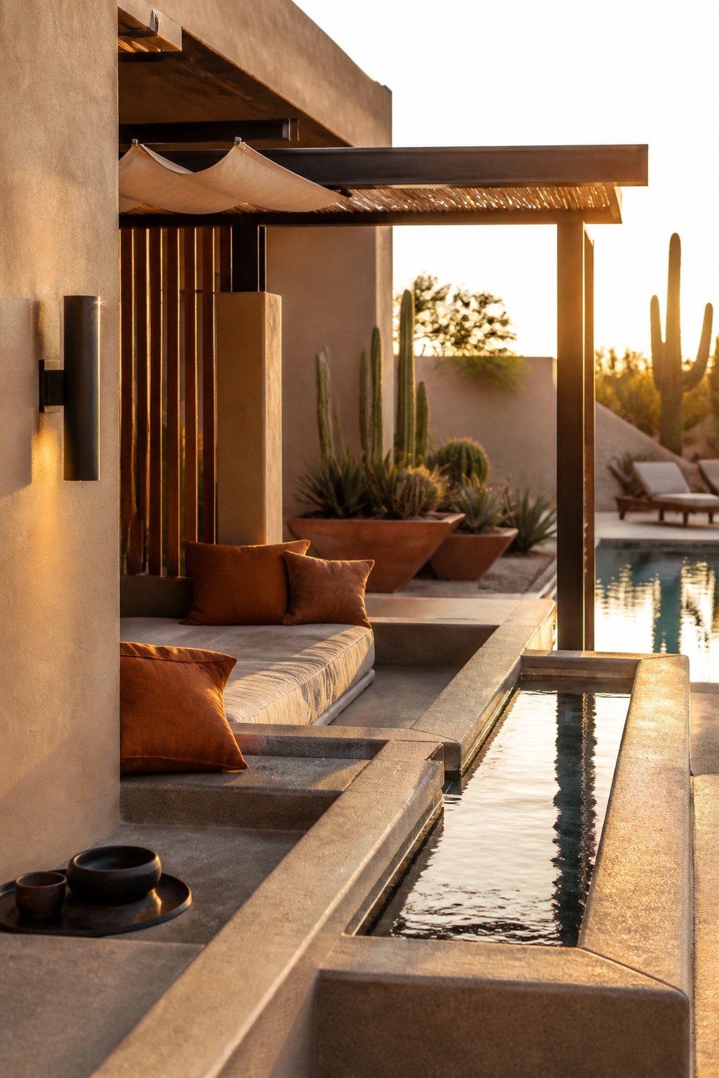 An outdoor poolside cabana features built-in concrete seating with orange cushions, a narrow water channel alongside, and desert plants in the background.