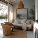 An outdoor cabana seating area with a wooden daybed, two woven rattan chairs on a jute rug, a large woven pendant light, and a marble sink, overlooking a pool with ocean views beyond.