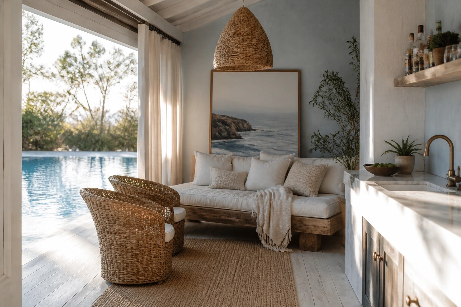 An outdoor cabana seating area with a wooden daybed, two woven rattan chairs on a jute rug, a large woven pendant light, and a marble sink, overlooking a pool with ocean views beyond.