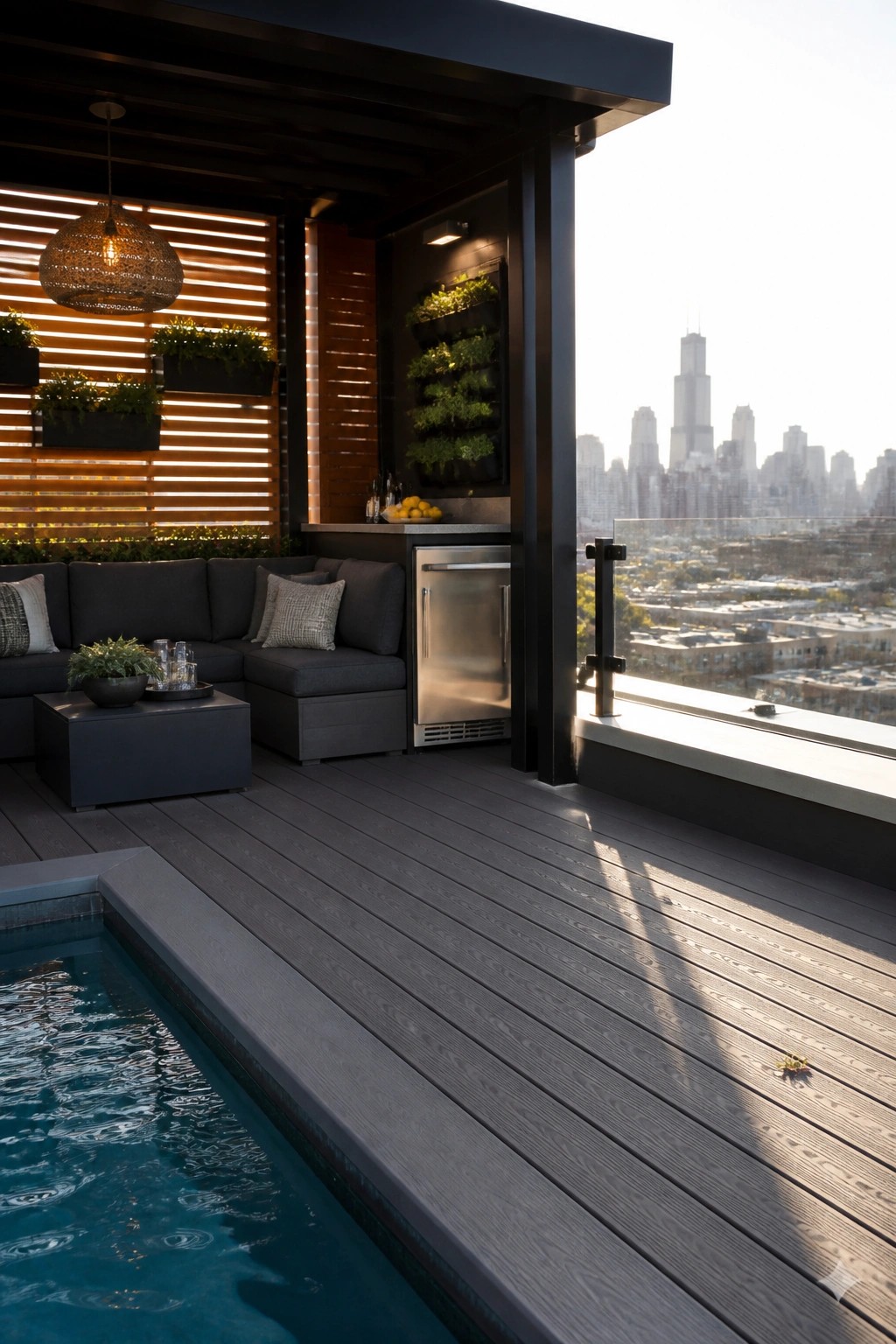 A modern outdoor pool deck features a dark sectional sofa, a built-in bar with stainless steel mini fridge, vertical herb planters, and a view of a city skyline.