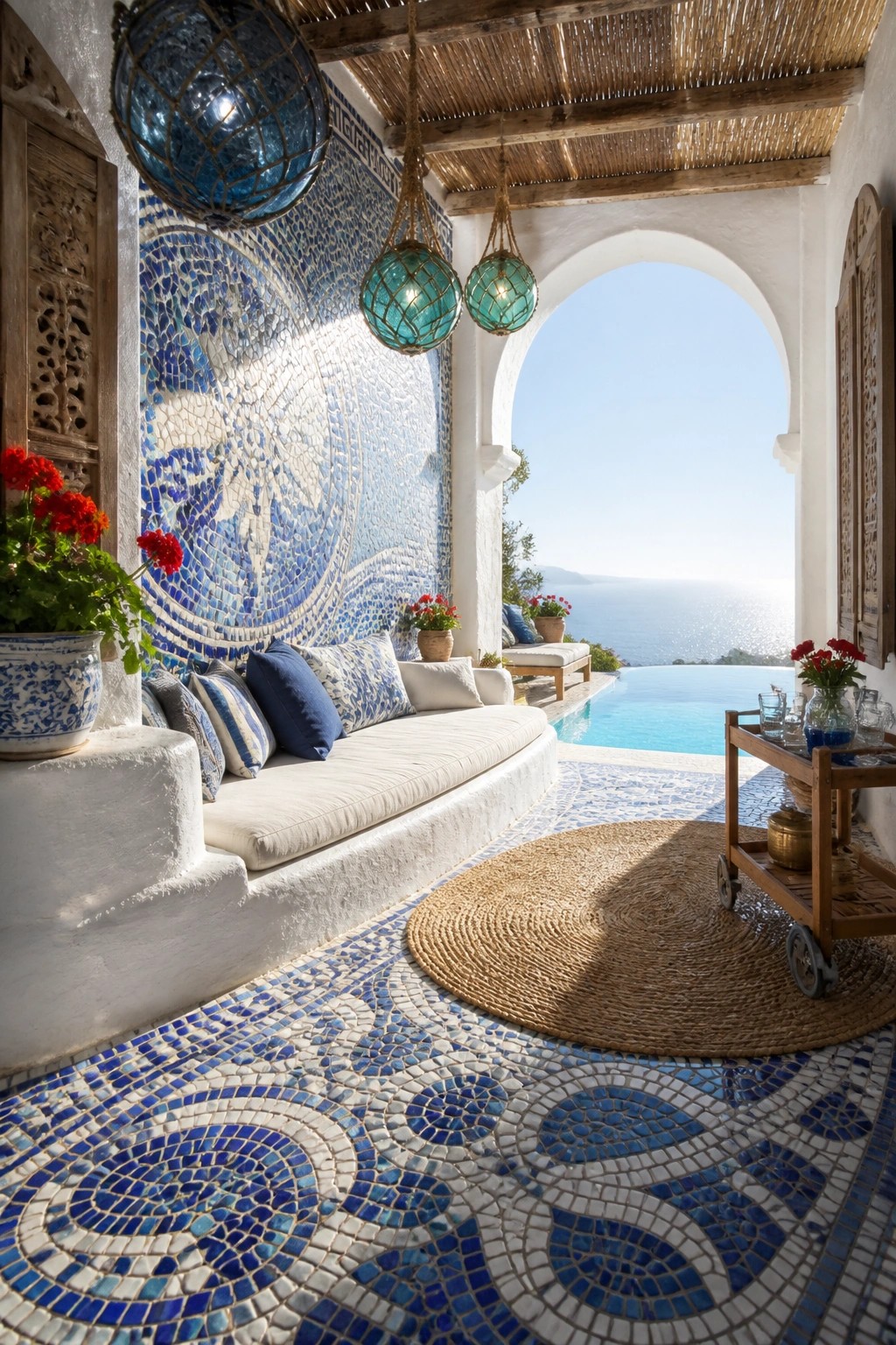 An outdoor covered patio with white built-in seating, blue and white mosaic tile on the walls and floor, hanging glass lanterns, a round woven rug, and a view of a pool and ocean beyond an archway.