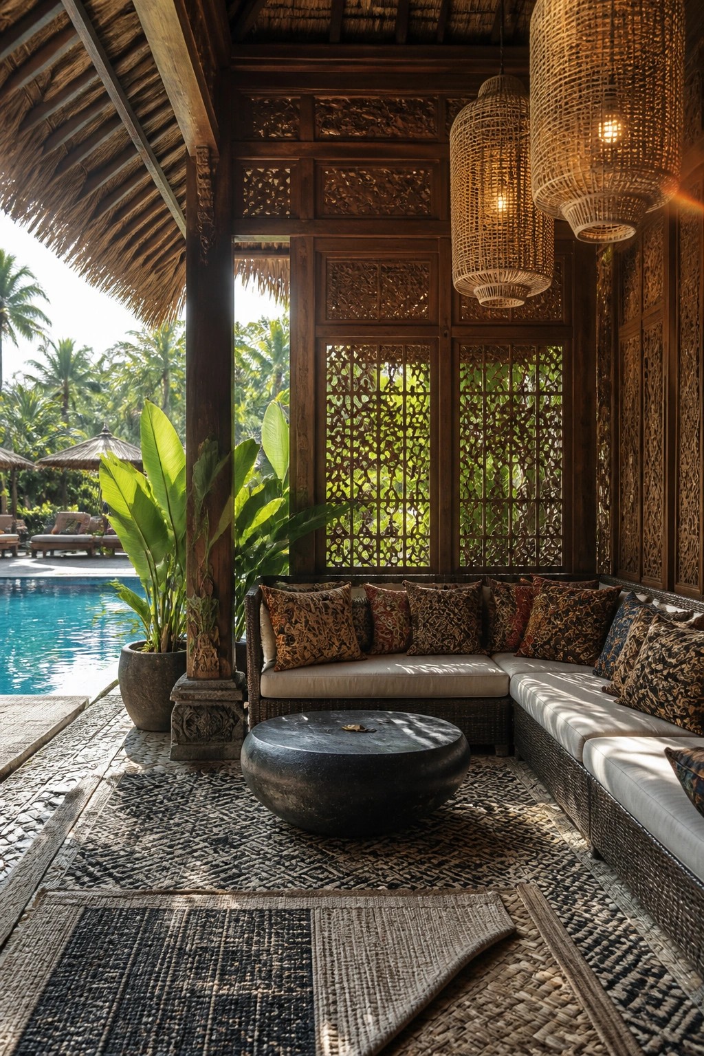 An outdoor pool cabana with a dark woven sectional sofa, layered patterned rugs, a round black stone table, carved wood screens, and hanging rattan lanterns.