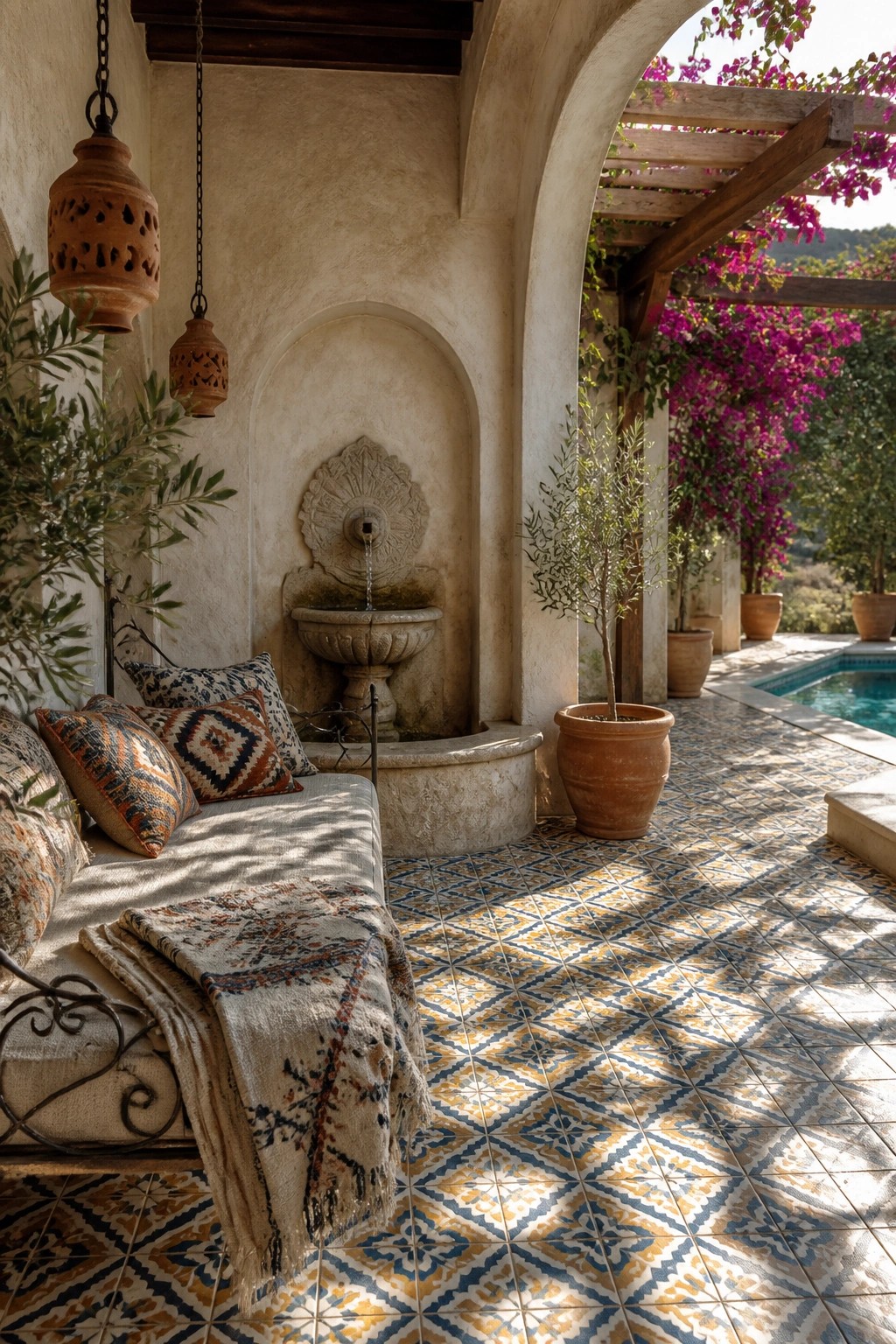 A covered outdoor patio features a stone fountain in a wall niche, a bench with multiple patterned pillows and a fringed throw, colorful patterned tiles, potted plants, and a pool visible to the right.