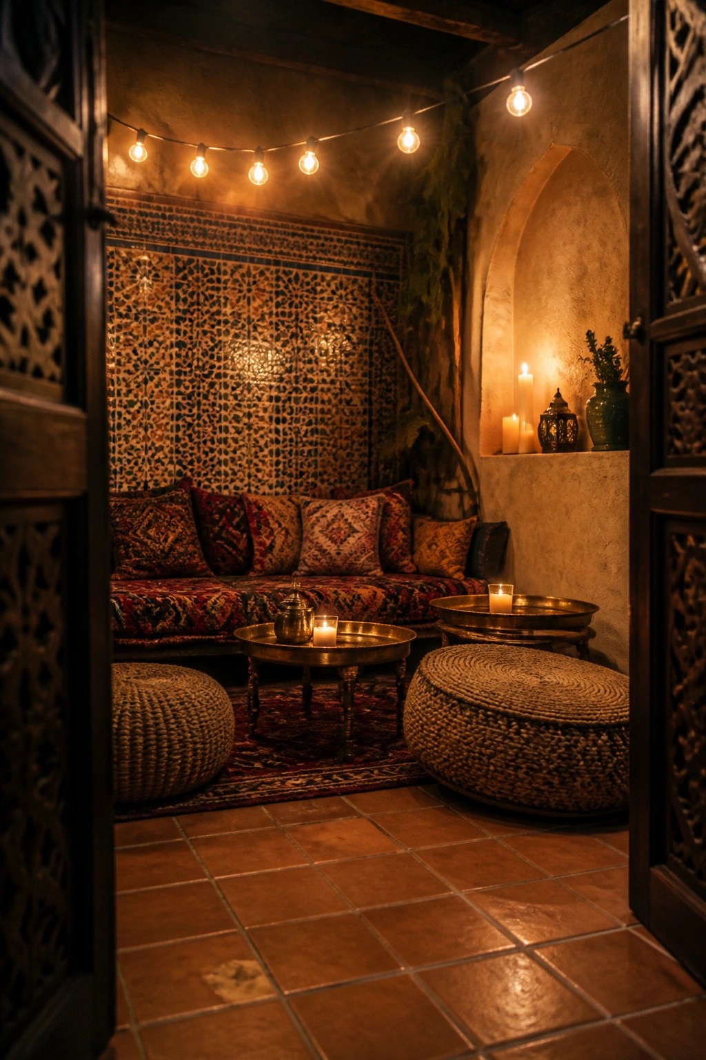 A small interior lounge with a cushioned bench covered in patterned pillows against a mosaic tile wall, two woven poufs on a rug, brass trays holding candles, and string lights across the ceiling.
