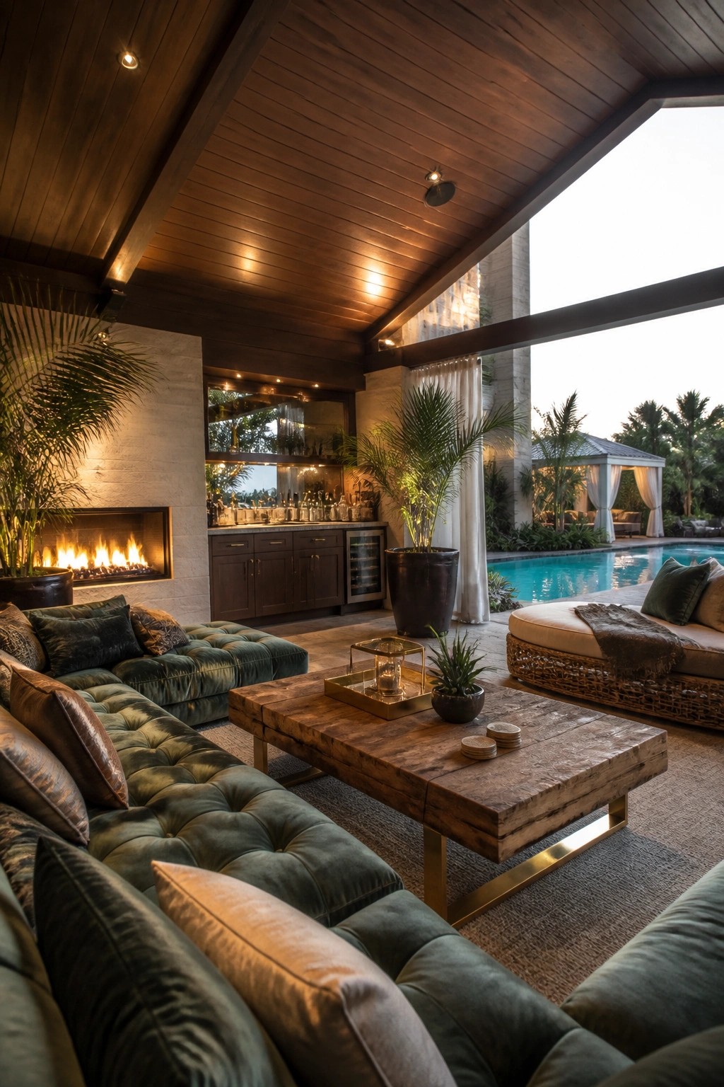 An outdoor covered lounge area features a green tufted sectional sofa, wooden coffee table, woven daybed, fireplace, and bar area beside a swimming pool.
