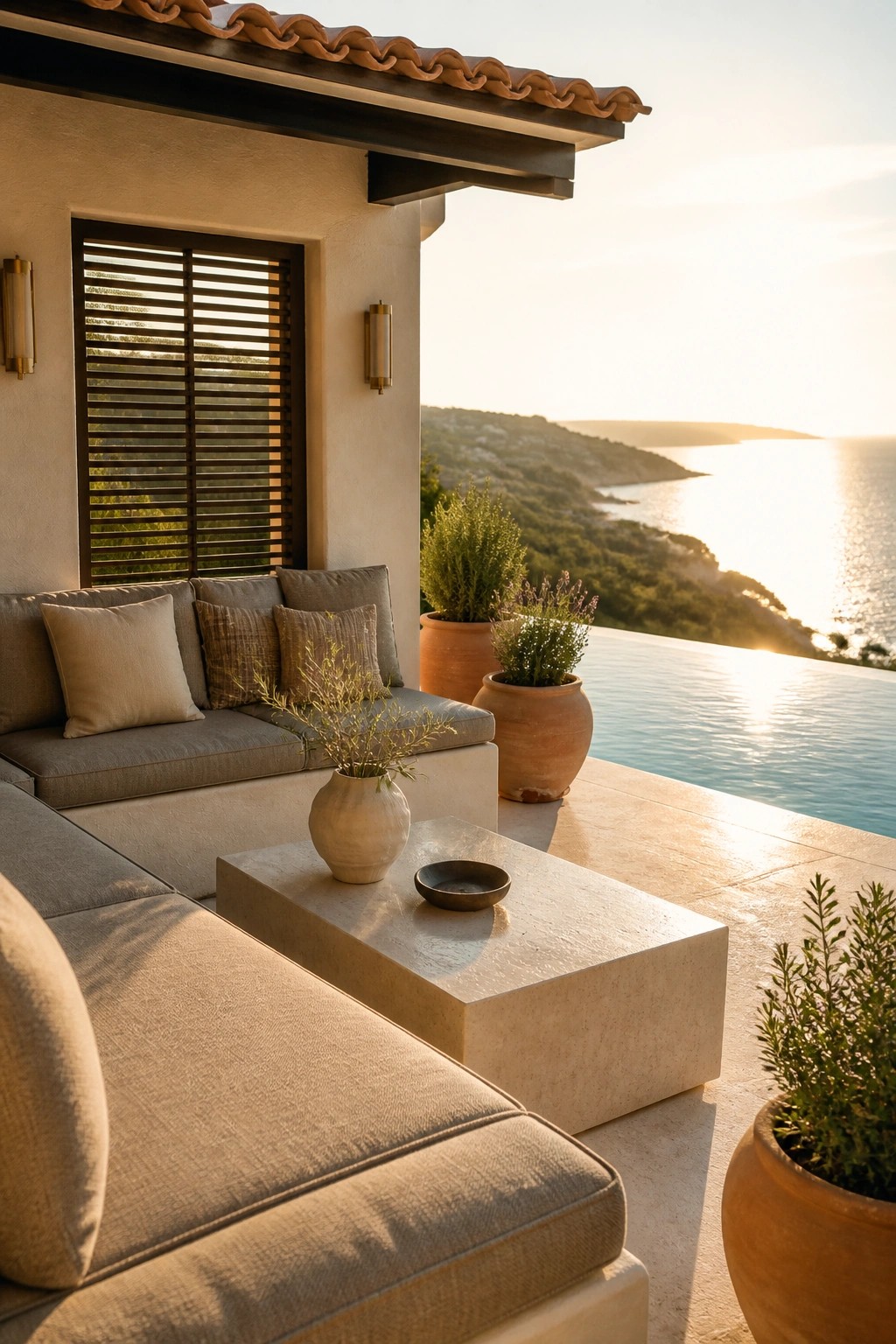 An outdoor patio with built-in gray seating, neutral and textured pillows, a concrete coffee table holding a small vase and bowl, terracotta pots with plants, and an infinity pool overlooking the sea at sunset.