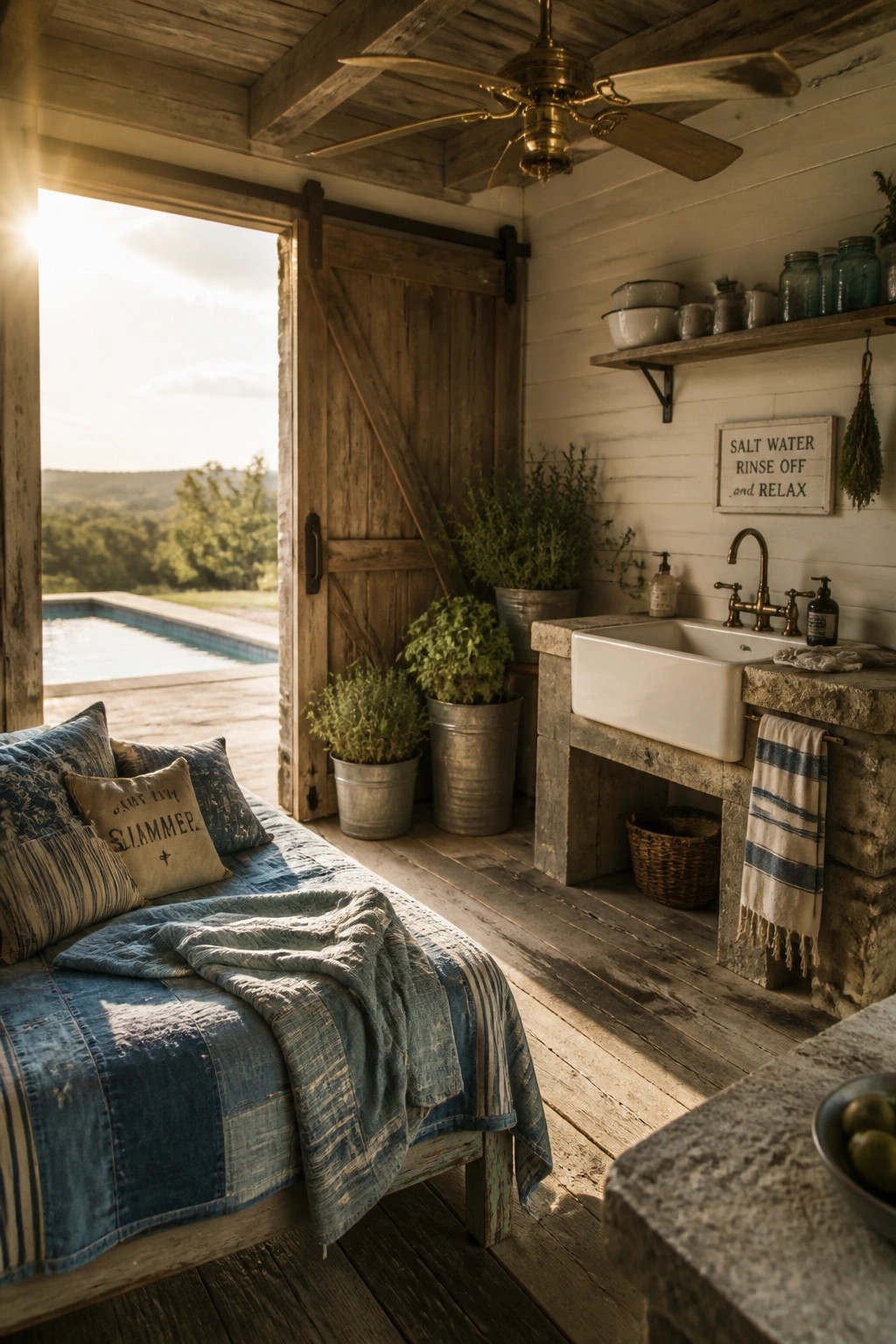 A rustic interior room with a bed covered in blue patchwork linens on the left and a stone utility sink on the right, with a wooden barn door open to a pool outside.