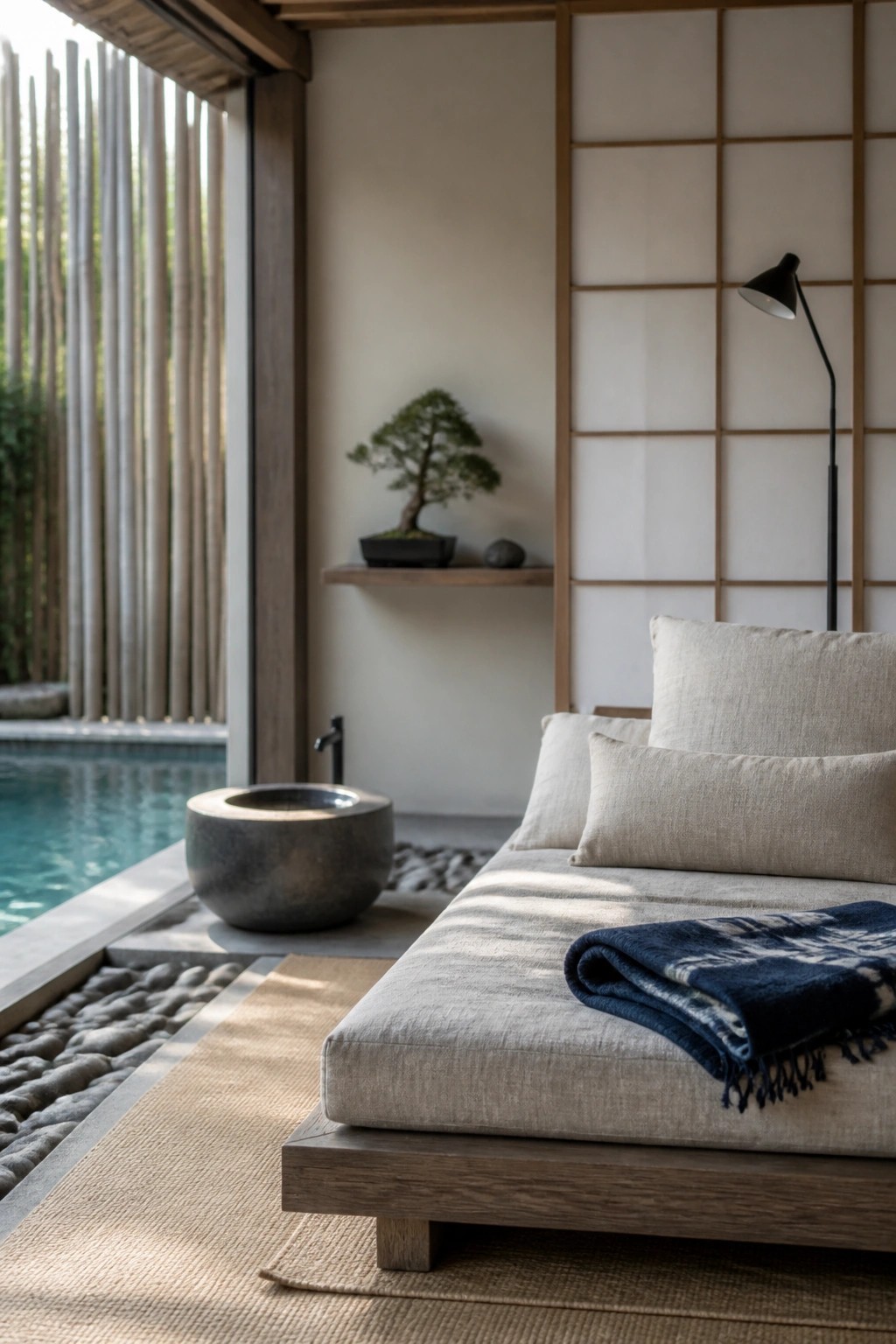 A low upholstered daybed with beige linen cushions and a folded blue throw sits on a woven rug in a minimalist room with shoji screens, a stone basin, and an open view to a pool.