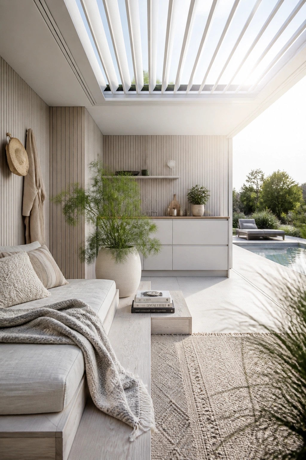 An outdoor cabana space with a light wood daybed, woven rug, coffee table with books, large potted plant, and built-in white cabinetry, overlooking a swimming pool.