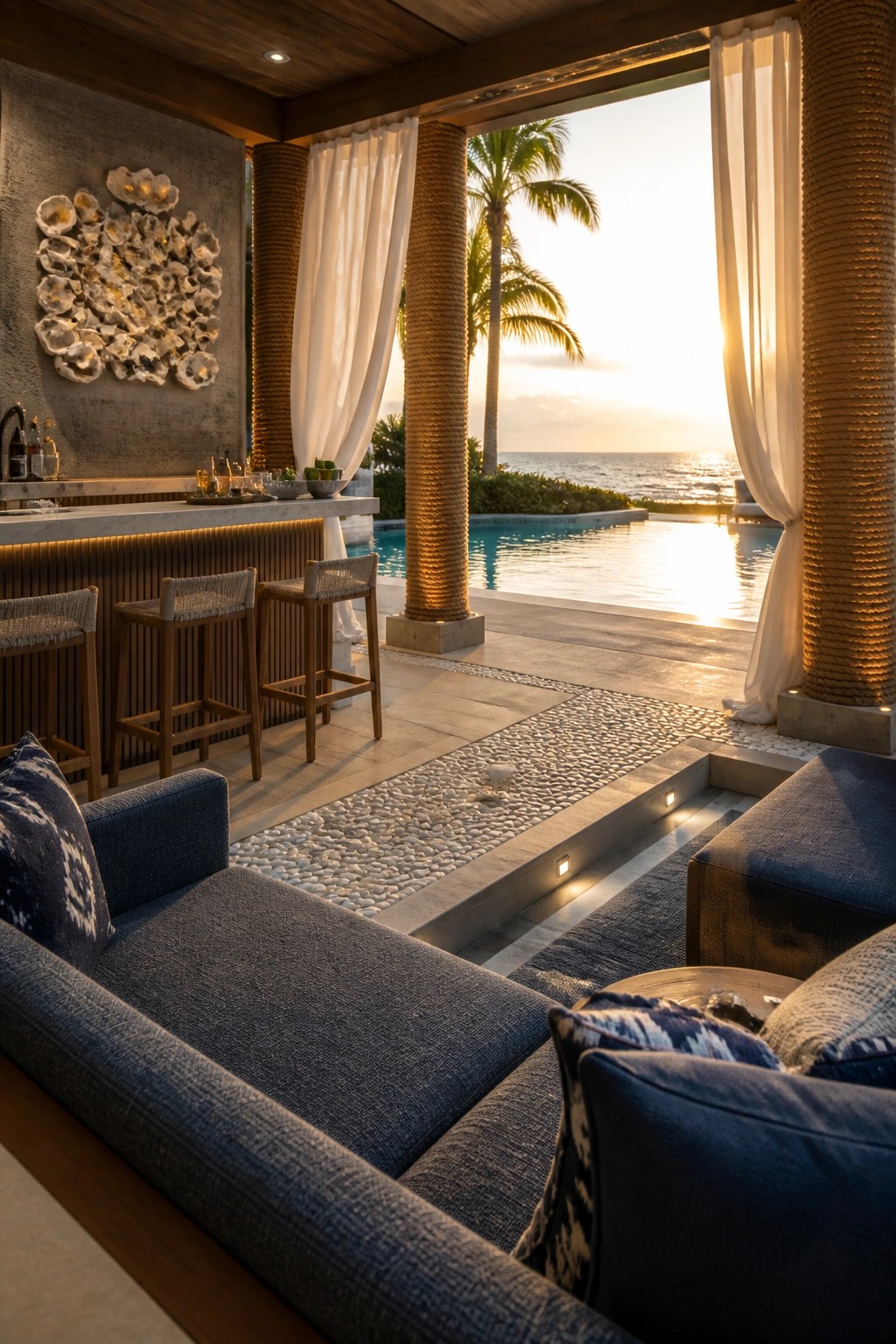 Luxurious oceanfront lounge with blue sofas, bar, infinity pool, and sunset view
