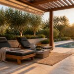 Luxurious wooden lounge chairs on a patio beside a pool at sunset.