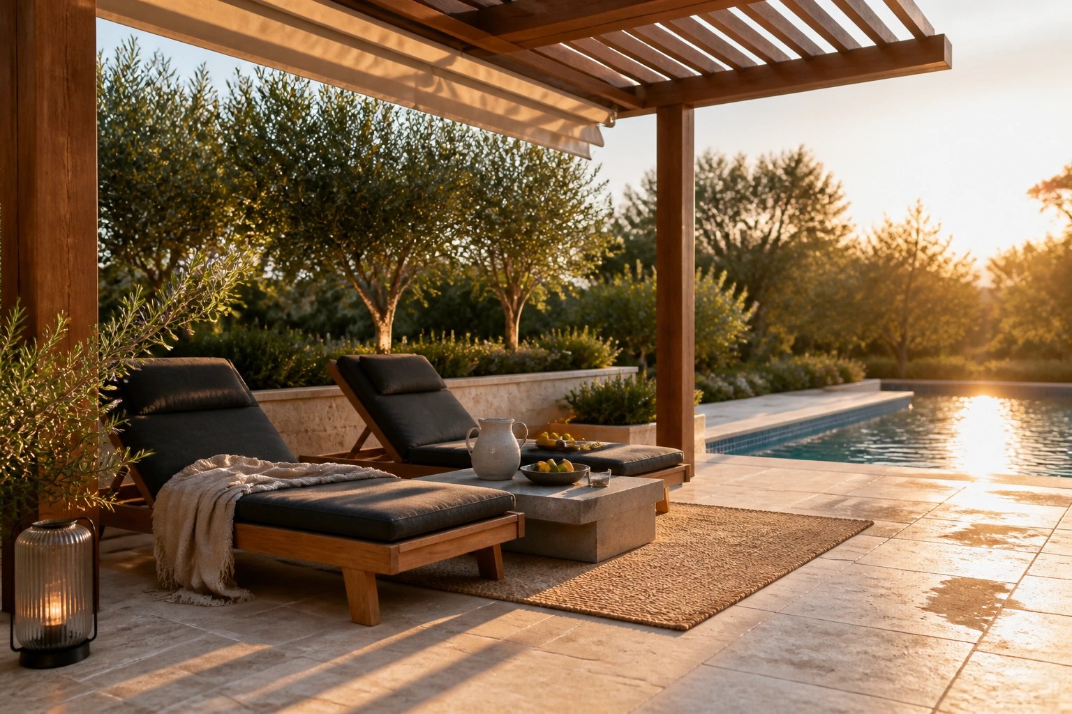 25 Gorgeous Pool Patio Shade Ideas to Create a Resort-Inspired Feel Luxurious wooden lounge chairs on a patio beside a pool at sunset.