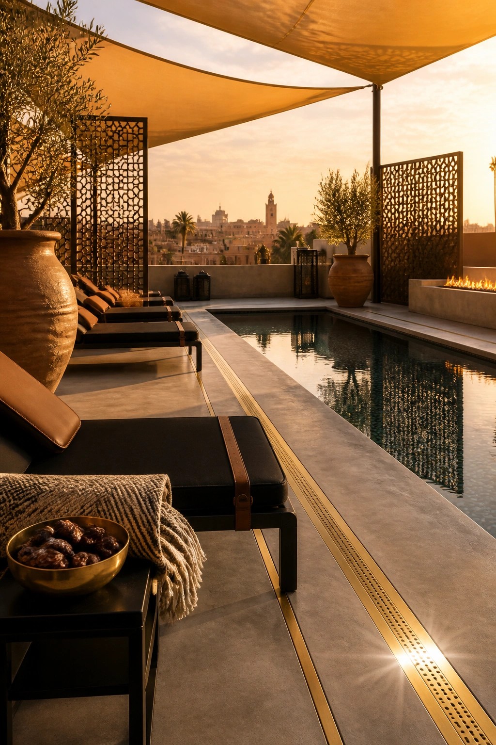 25 Gorgeous Pool Patio Shade Ideas to Create a Resort-Inspired Feel A rooftop pool area with black lounge chairs, a rectangular pool, large orange fabric shade sails, decorative metal screens, and potted trees overlooking a city at sunset.