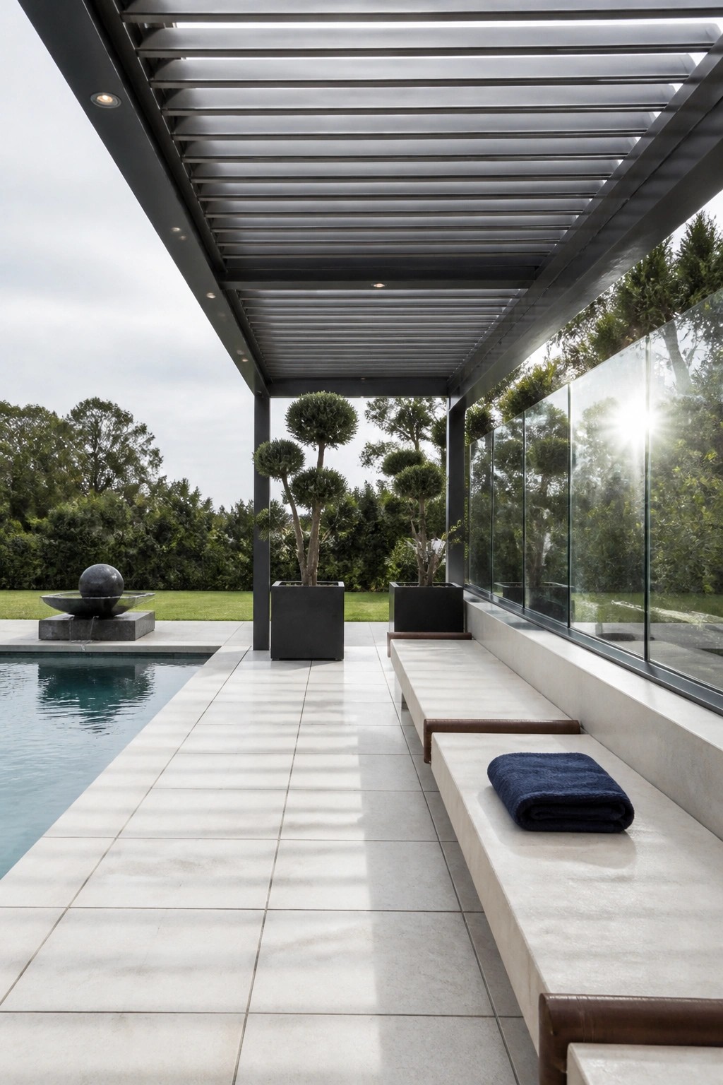 25 Gorgeous Pool Patio Shade Ideas to Create a Resort-Inspired Feel Modern patio with pool, potted trees, glass wall, and bench with blue towel