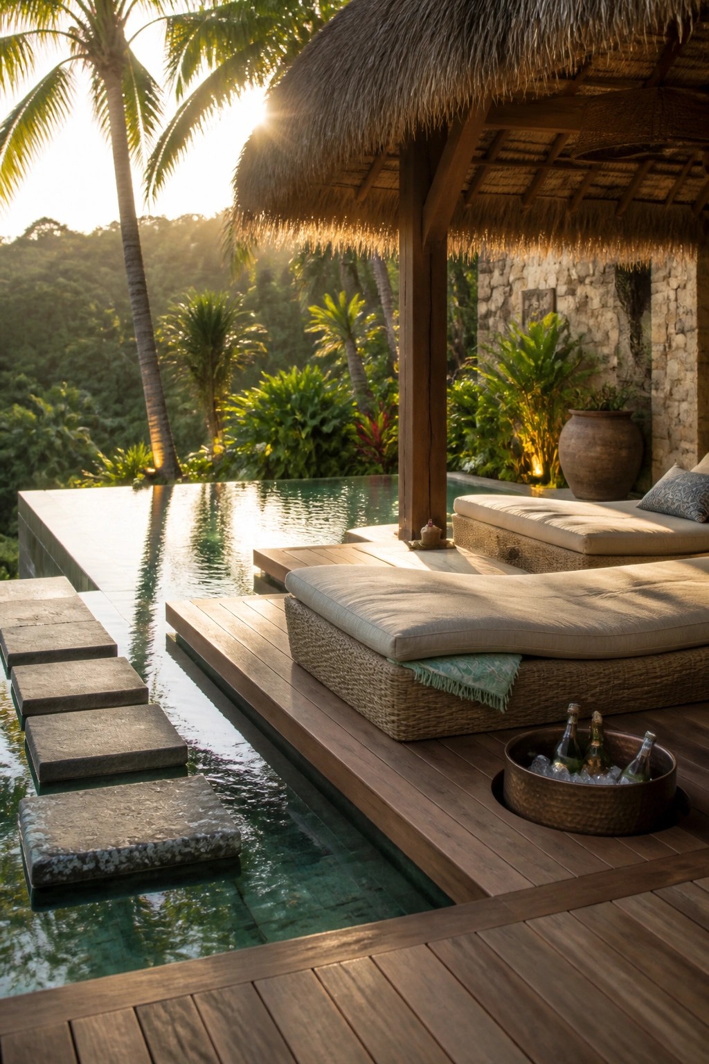 25 Gorgeous Pool Patio Shade Ideas to Create a Resort-Inspired Feel A wooden pool deck with cushioned daybeds under a thatched roof pavilion beside an infinity pool and stone stepping pads.