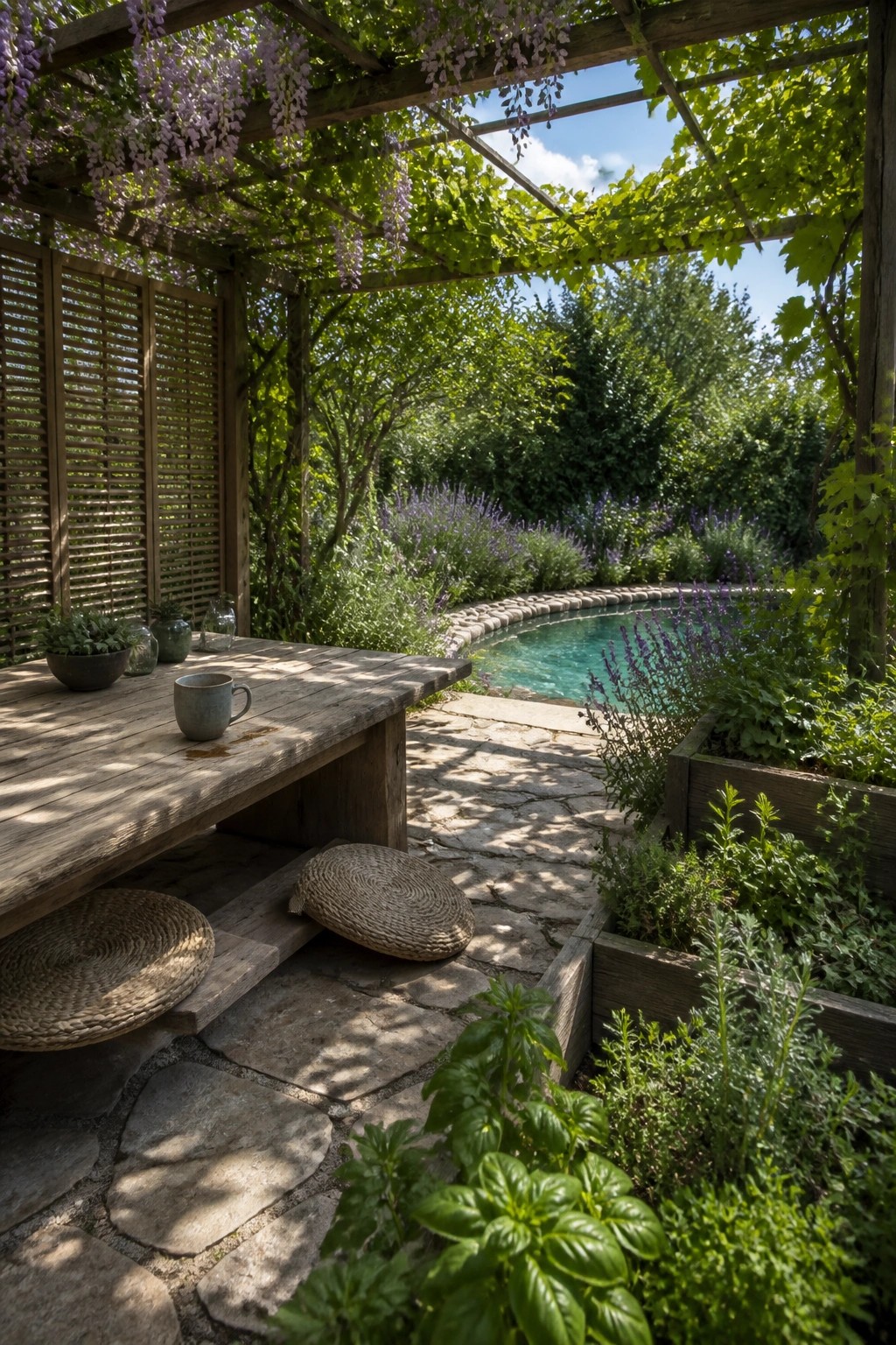 25 Gorgeous Pool Patio Shade Ideas to Create a Resort-Inspired Feel Wooden table with mug under wisteria pergola beside garden pool and cushions