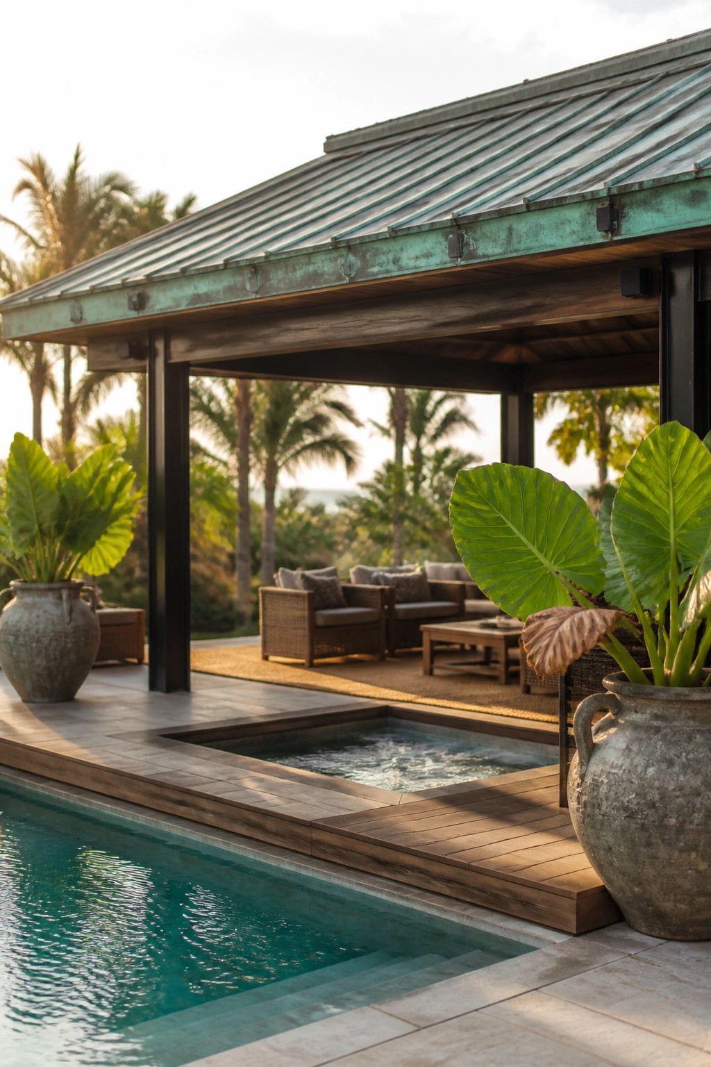 24 Inspiring Permanent Pool Shade Ideas Built for Long-Term Sun Protection Pool and hot tub on tropical patio with wicker furniture and ocean view