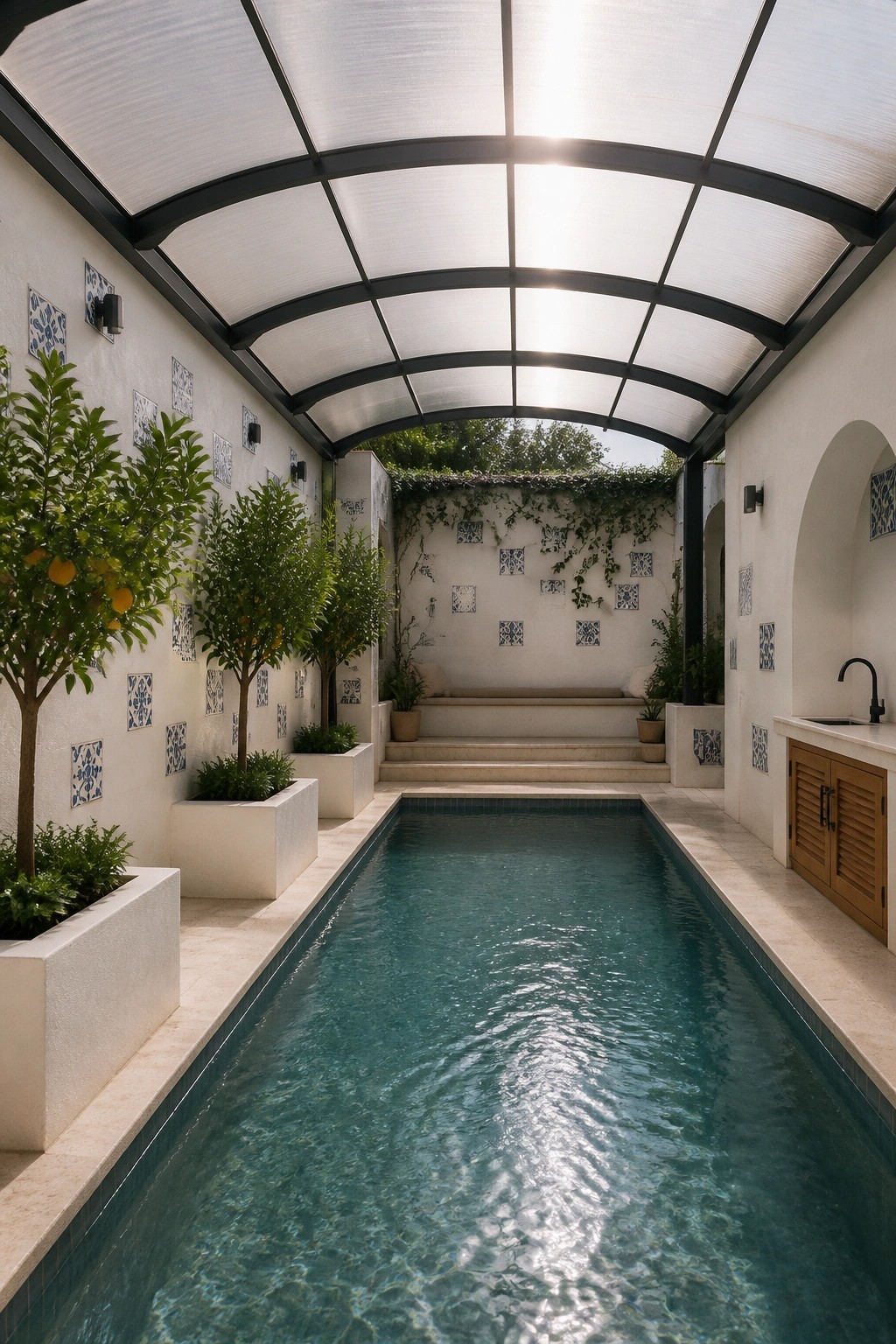 24 Inspiring Permanent Pool Shade Ideas Built for Long-Term Sun Protection A long narrow pool under a curved translucent roof with white walls, blue tiles, and potted citrus trees along both sides.