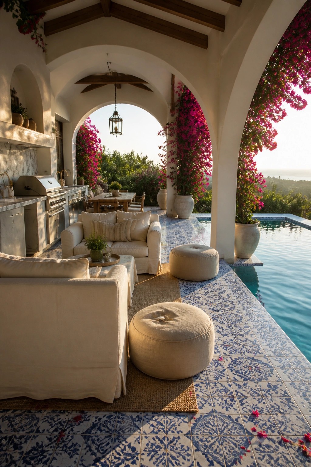 24 Inspiring Permanent Pool Shade Ideas Built for Long-Term Sun Protection A white-arched covered patio with lounge seating, a round ottoman, and an outdoor kitchen beside a swimming pool with distant hills visible.