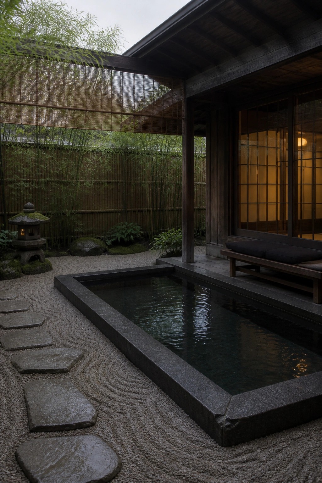 24 Inspiring Permanent Pool Shade Ideas Built for Long-Term Sun Protection Tranquil Japanese garden with stone pond, lantern, raked gravel, and wooden veranda